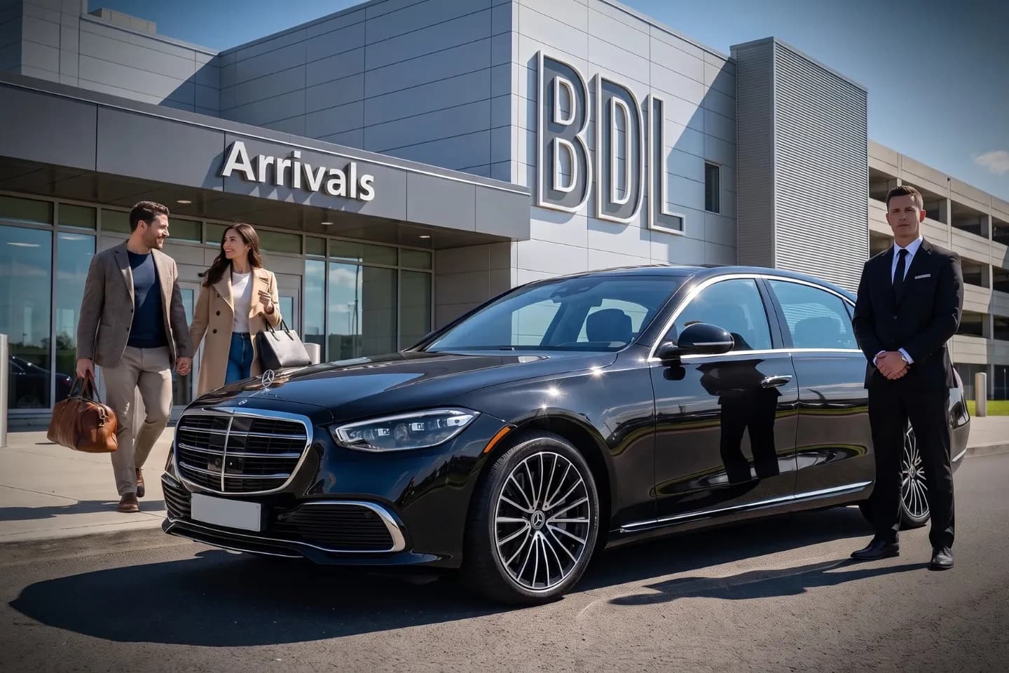 Bradley International (BDL) Airport Chauffeur Service Sleek black car driving past Bradley International Airport departures signage