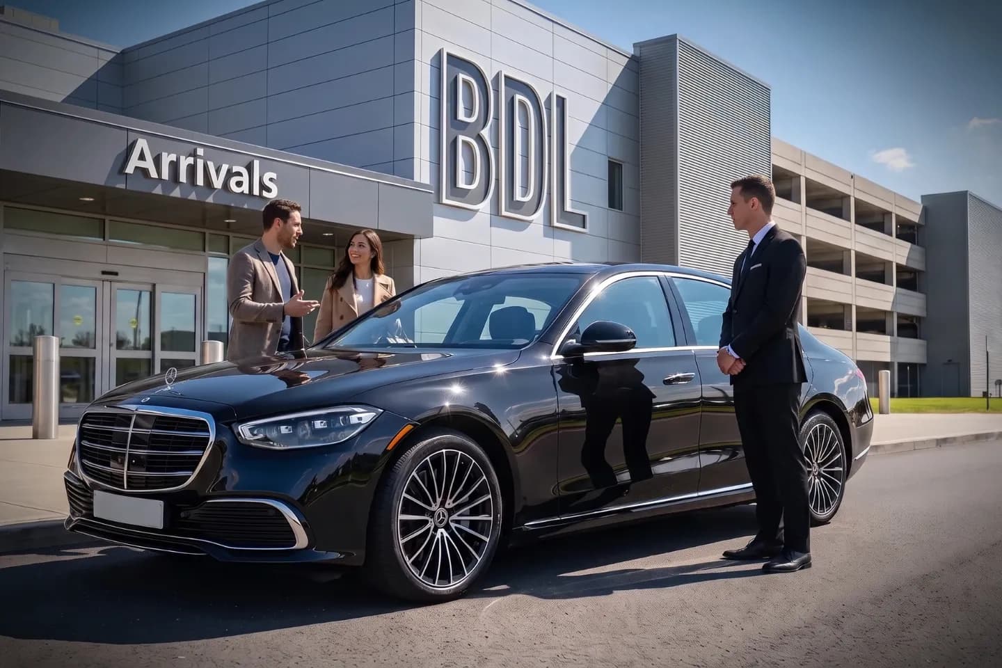 Bradley International (BDL) Airport Chauffeur Service Professional chauffeur opening rear door of car at BDL Airport arrivals