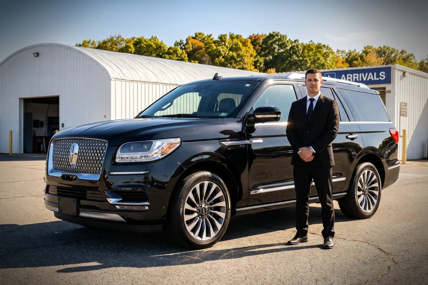 Windham (IJD) Airport Chauffeur Service Black executive sedan waiting outside Windham Airport terminal for chauffeur pickup
