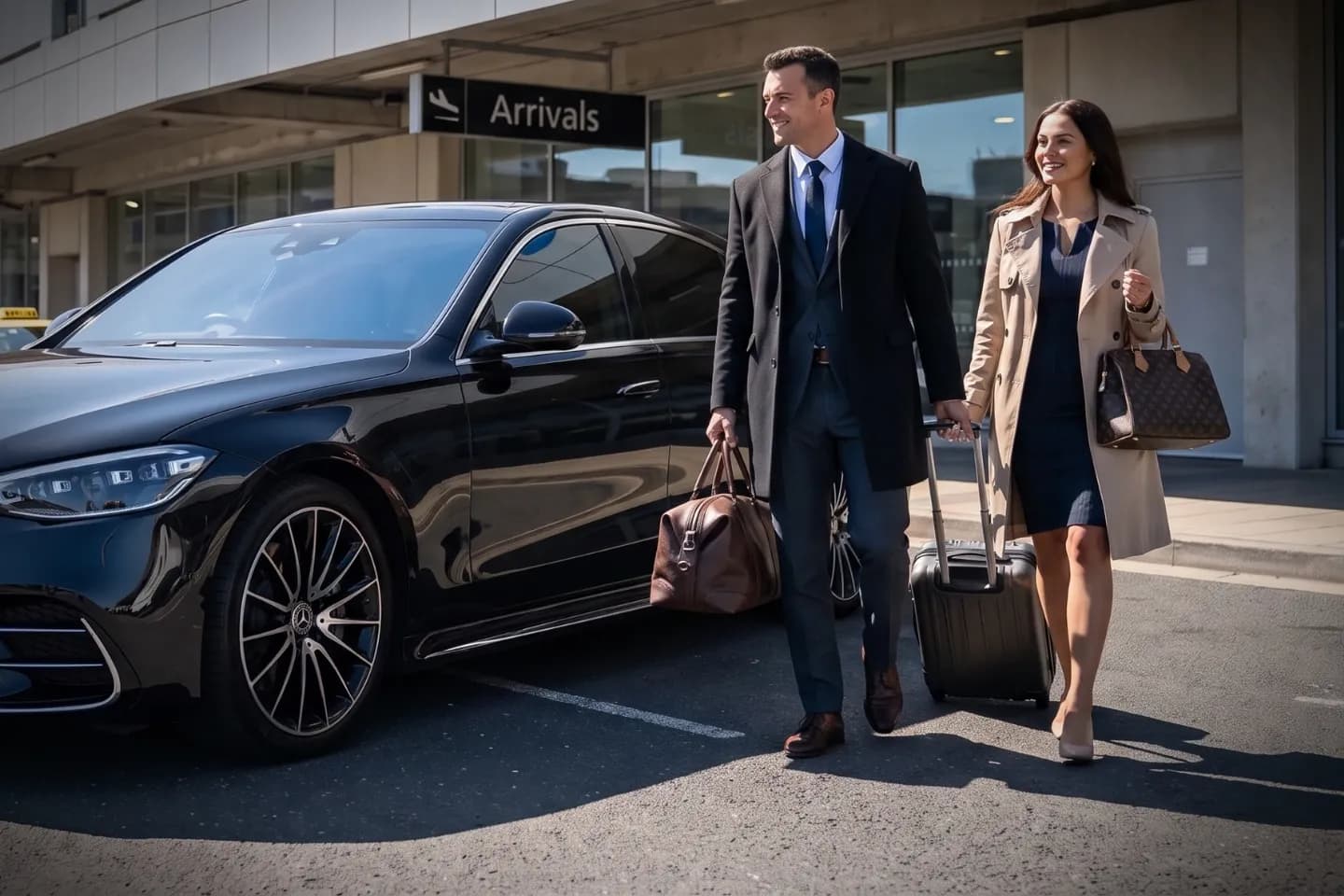 Philadelphia International (PHL) Airport Chauffeur Service Traveler stepping into a chauffeured car outside Philadelphia International Airport arrivals