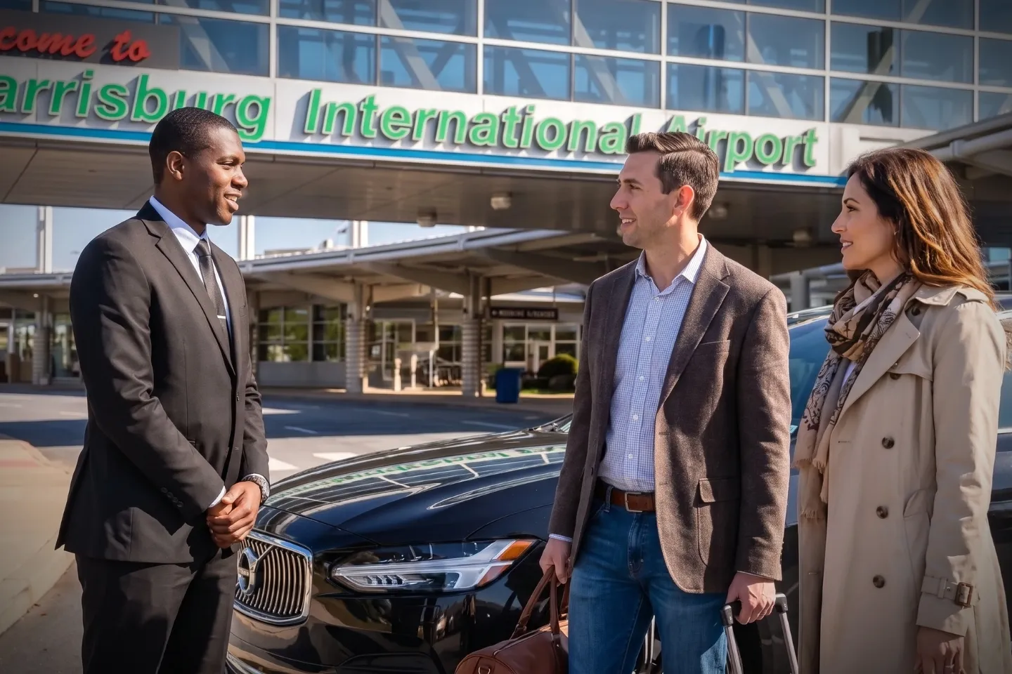 Harrisburg International (MDT) Airport Chauffeur Service Passenger handing luggage to a driver at Harrisburg International Airport arrivals