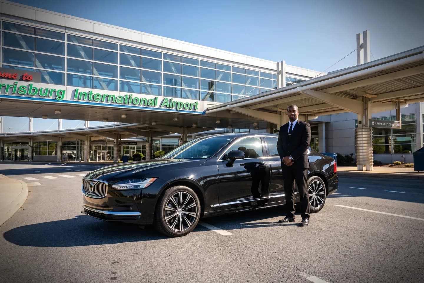 Harrisburg International (MDT) Airport Chauffeur Service Chauffeur in a dark suit standing beside a sedan at Harrisburg International Airport