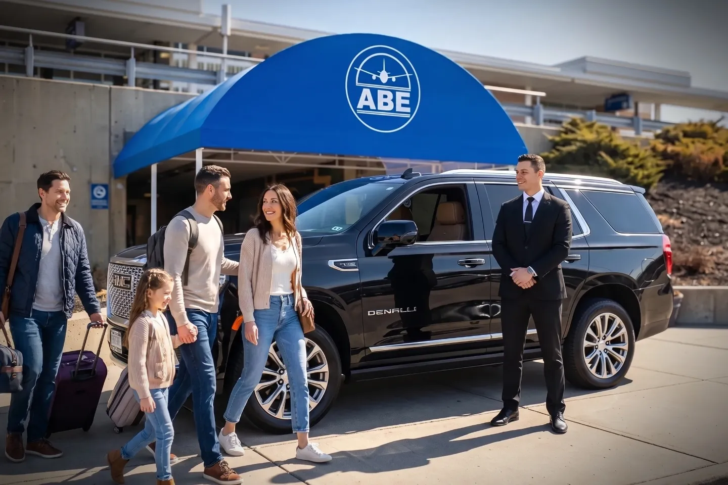 Lehigh Valley International (ABE) Airport Chauffeur Service Executive car parked curbside at ABE Airport for luxury airport transfers