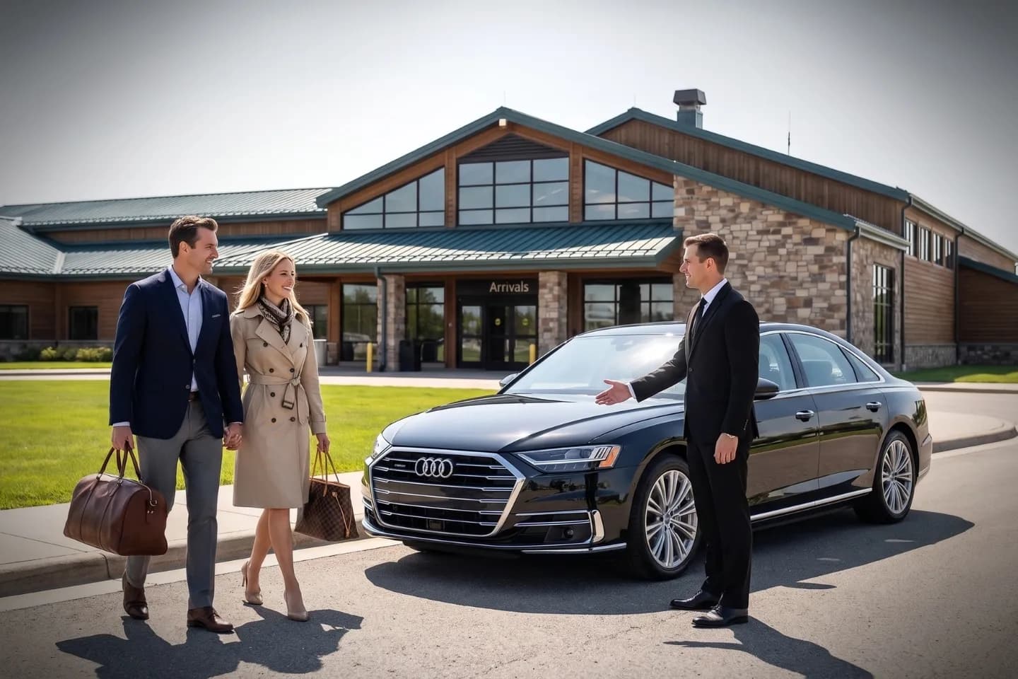 Arnold Palmer Regional (LBE) Airport Chauffeur Service Sleek sedan waiting curbside at LBE Airport for scheduled chauffeur pickup