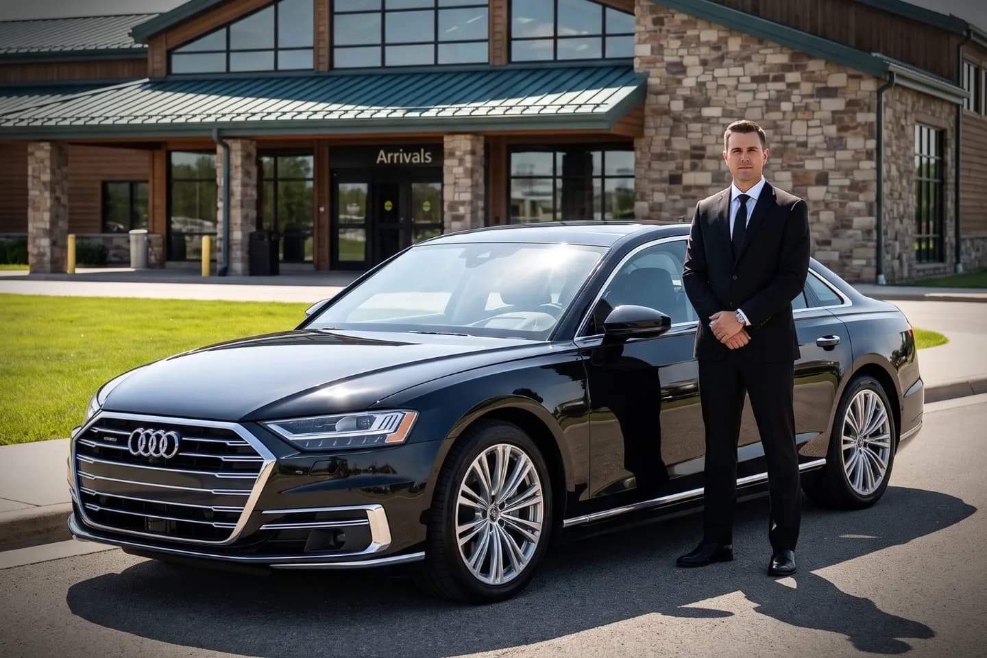 Arnold Palmer Regional (LBE) Airport Chauffeur Service Chauffeur in a dark suit beside a sedan at Arnold Palmer Regional Airport
