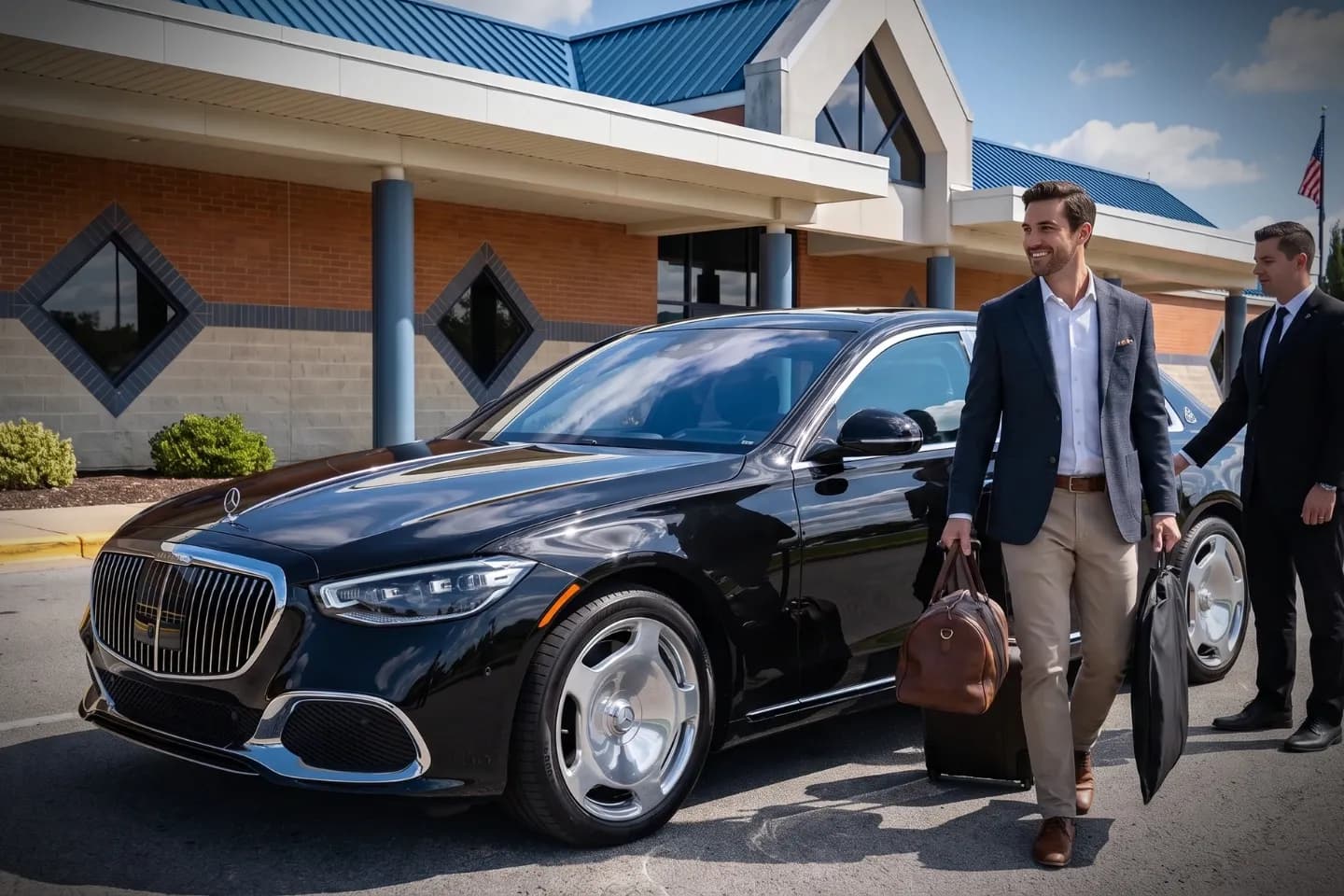 Reading Regional (RDG) Airport Chauffeur Service Sleek sedan waiting curbside at RDG Airport for scheduled chauffeur pickup