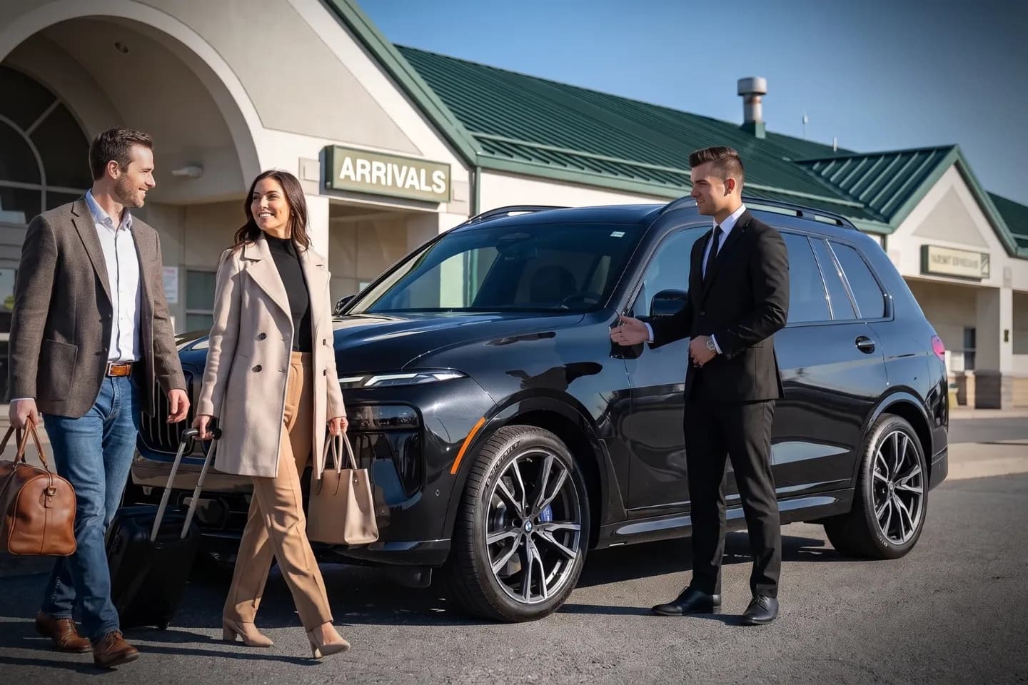 John Murtha Johnstown Cambria County (JST) Airport Chauffeur Service Smartly dressed driver beside a sedan at John Murtha Johnstown Airport curb