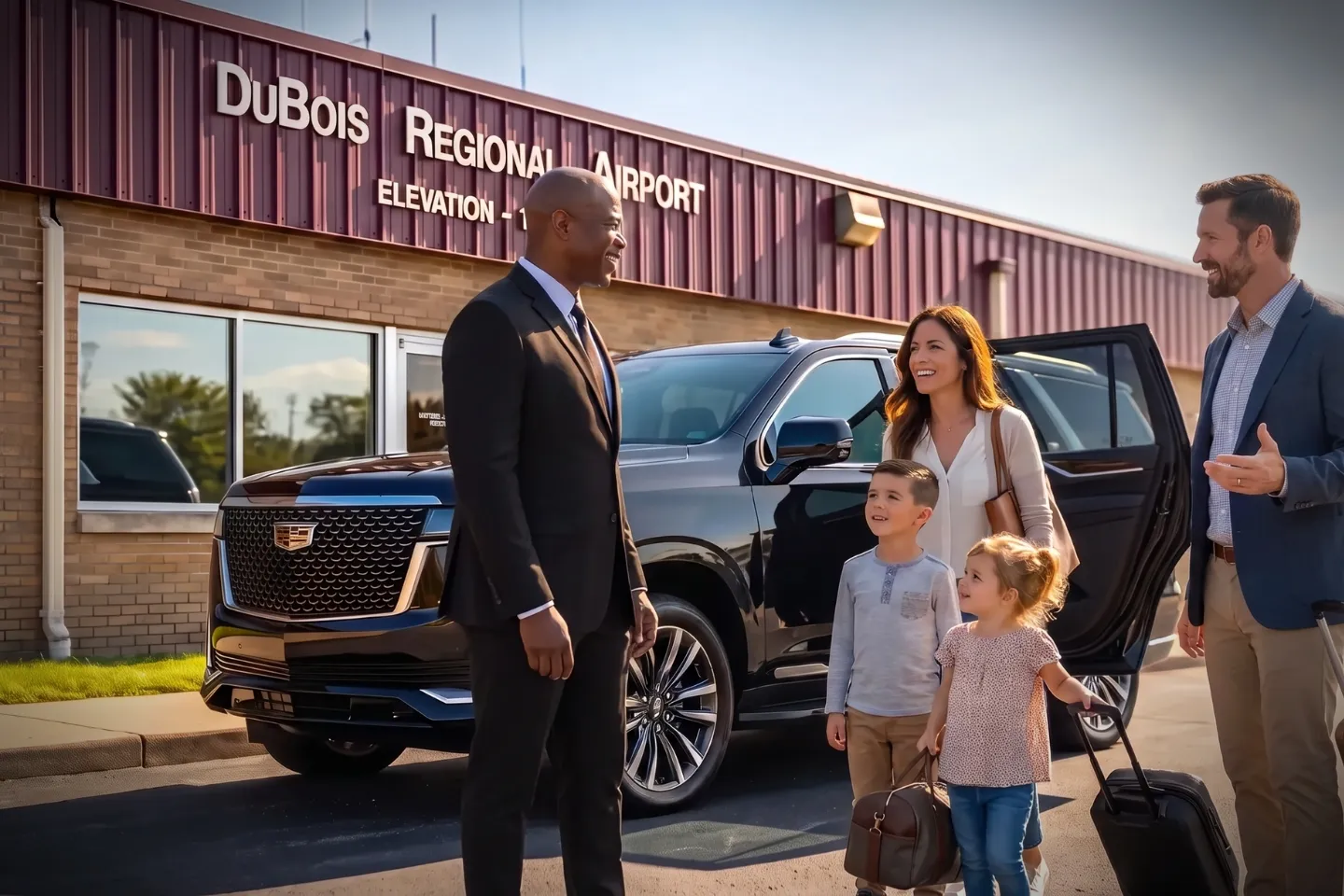 DuBois Regional (DUJ) Airport Chauffeur Service Black luxury SUV parked outside DUJ Airport terminal for chauffeur service