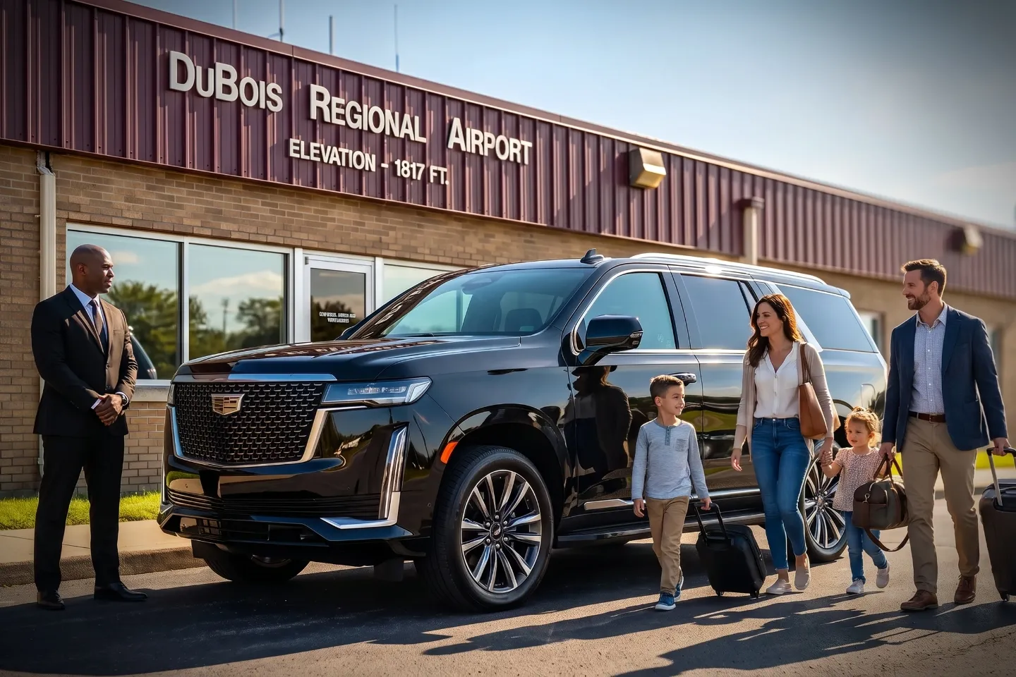 DuBois Regional (DUJ) Airport Chauffeur Service Passenger entering a chauffeured car outside DUJ Airport arrivals area