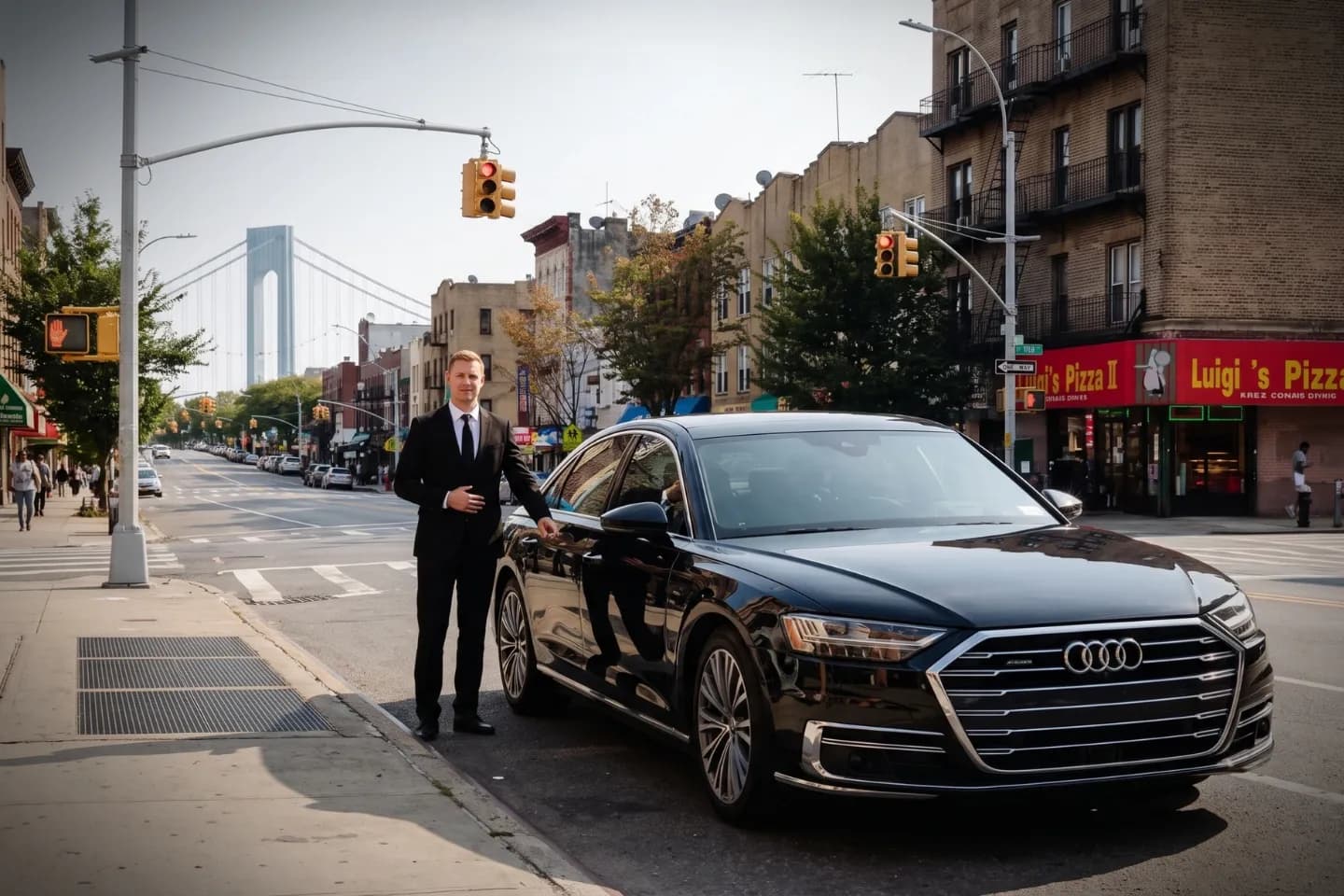 Car Service in Bay Ridge, Brooklyn, NY Well-dressed driver waiting by a luxury car in Bay Ridge, Brooklyn, NY