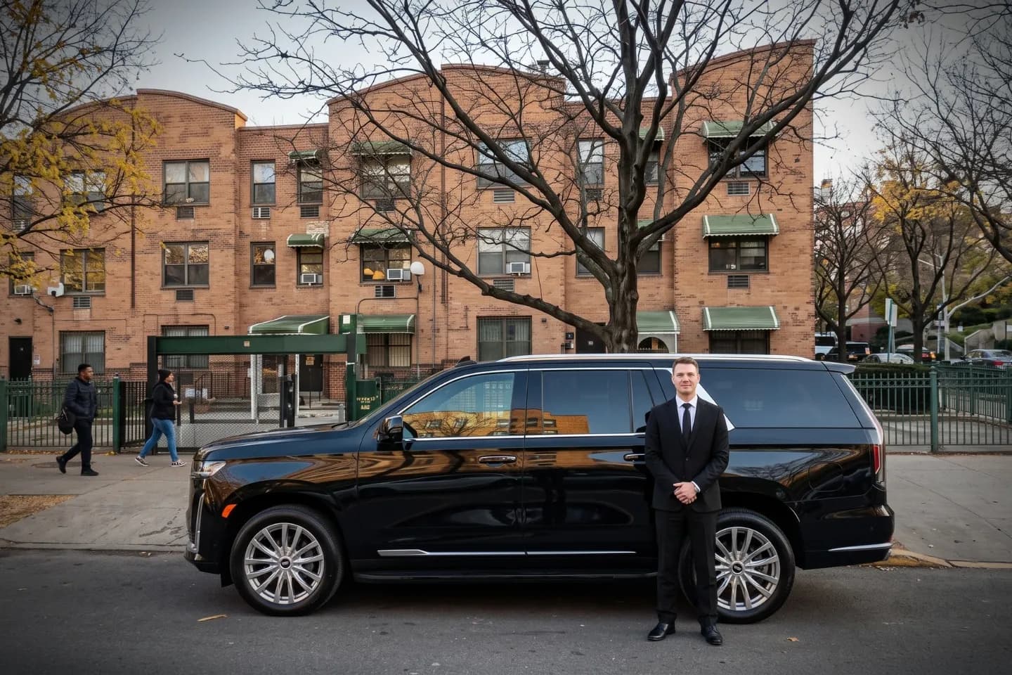 Car Service in Claremont, Bronx, NY Reliable black car service sedan on a Claremont, Bronx neighborhood road
