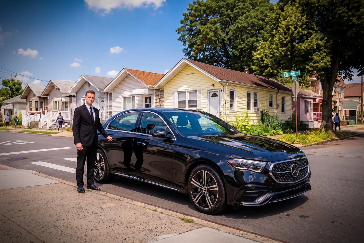 Car Service in Eastchester Bay, Bronx, NY Passenger stepping into a chauffeured town car on a Eastchester Bay, Bronx street