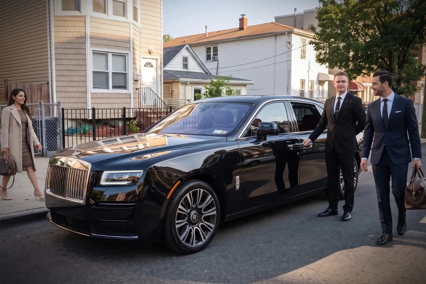 Car Service in Harding Park, Bronx, NY Passenger stepping into a chauffeured town car on a Harding Park, Bronx street