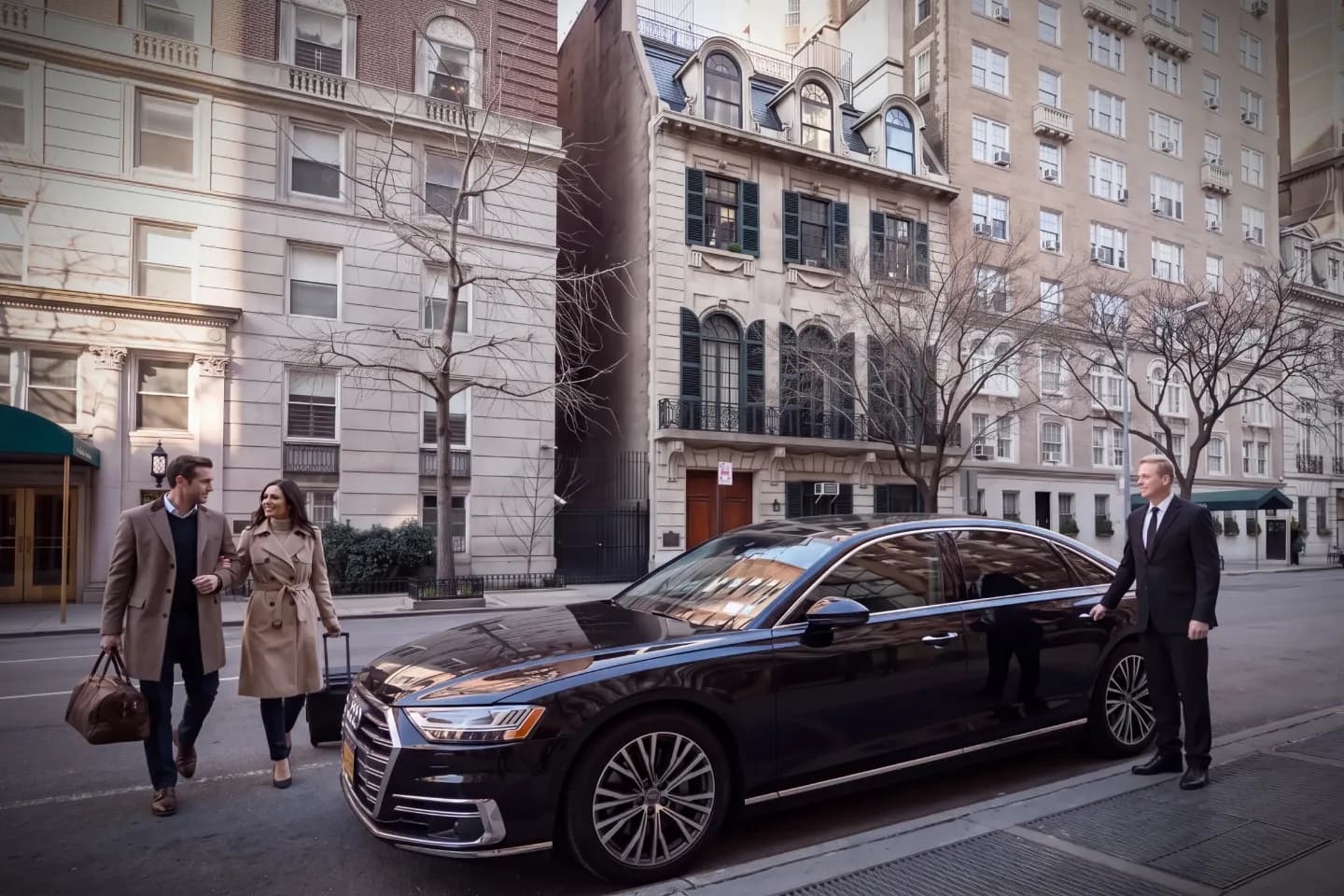 Car Service near Carnegie Hill, NY Premium black car driving past historic brownstones in Carnegie Hill, Manhattan