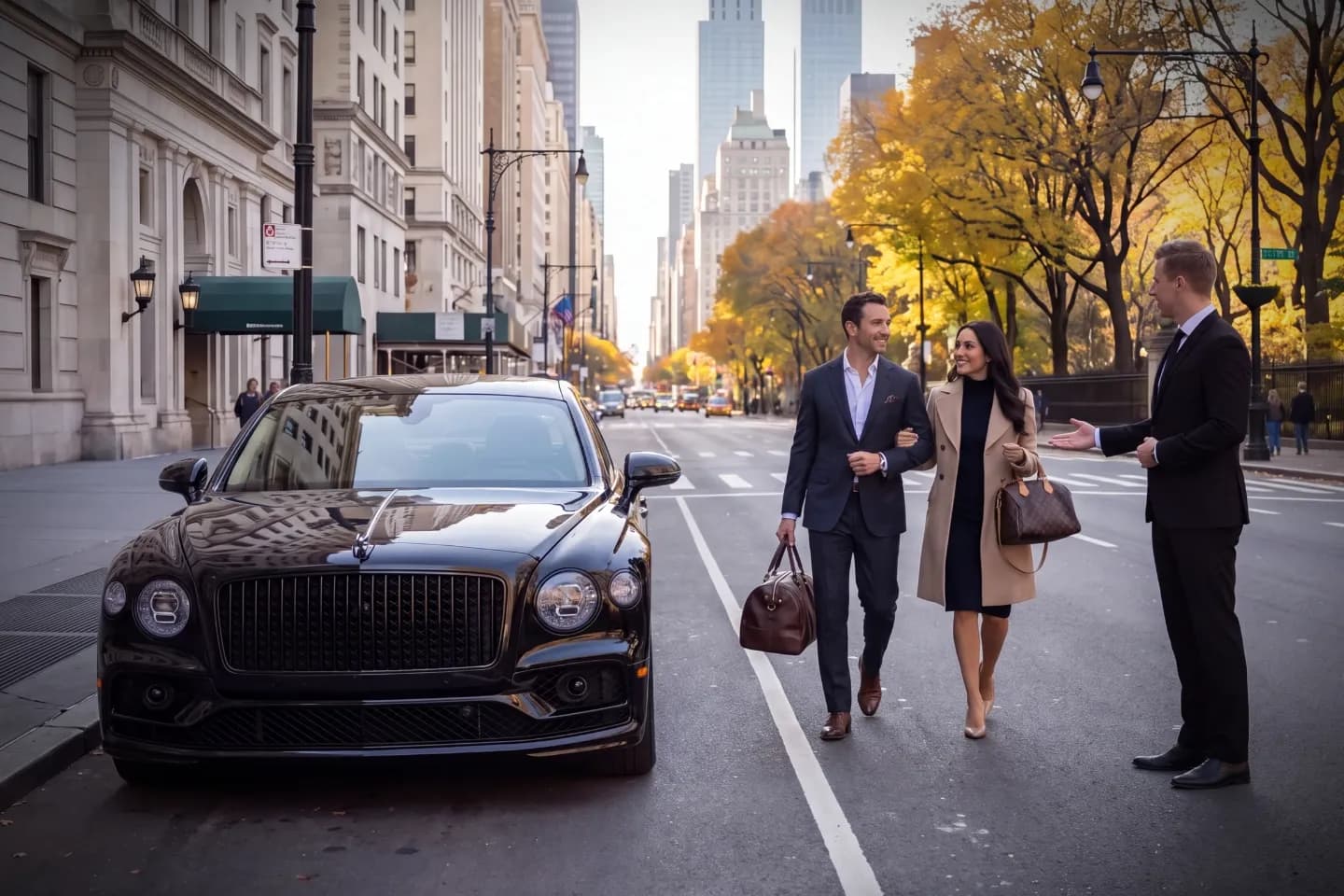 Car Service near Central Park, NY Premium black car driving past iconic Central Park landmarks in Manhattan