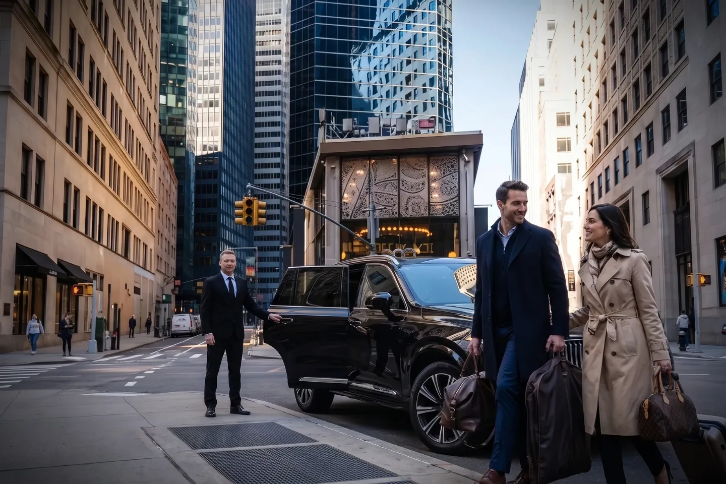 Car Service near The Financial District, NY Luxury SUV waiting along a bustling street in The Financial District, NY