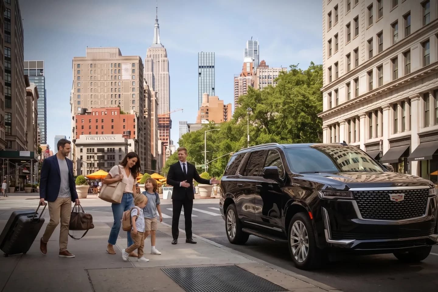 Car Service near Flatiron District, NY Premium black car driving past historic architecture and landmarks in Flatiron District, Manhattan