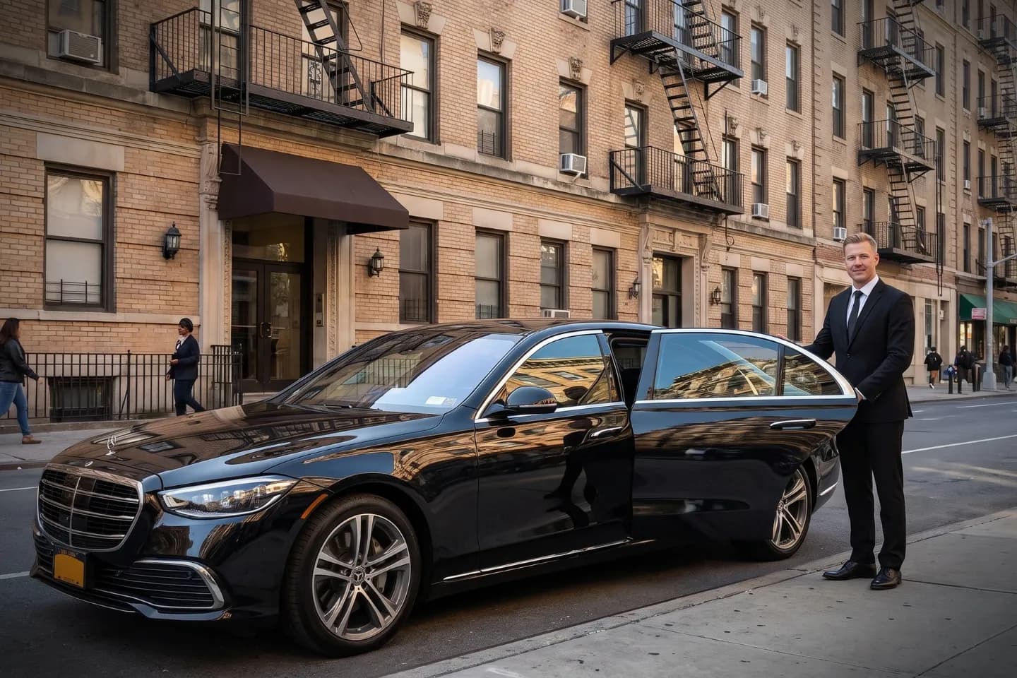 Car Service near Spuyten Duyvil, NY Clean black sedan parked near a Spuyten Duyvil, Bronx storefront awaiting fares