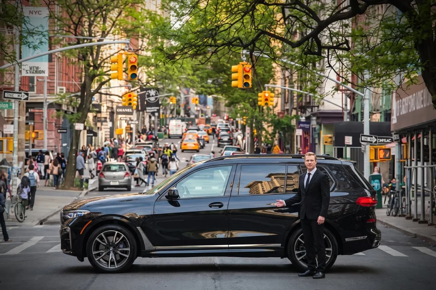 Car Service in SoHo, Manhattan, NY Black luxury sedan waiting curbside along a cast-iron SoHo street in Manhattan