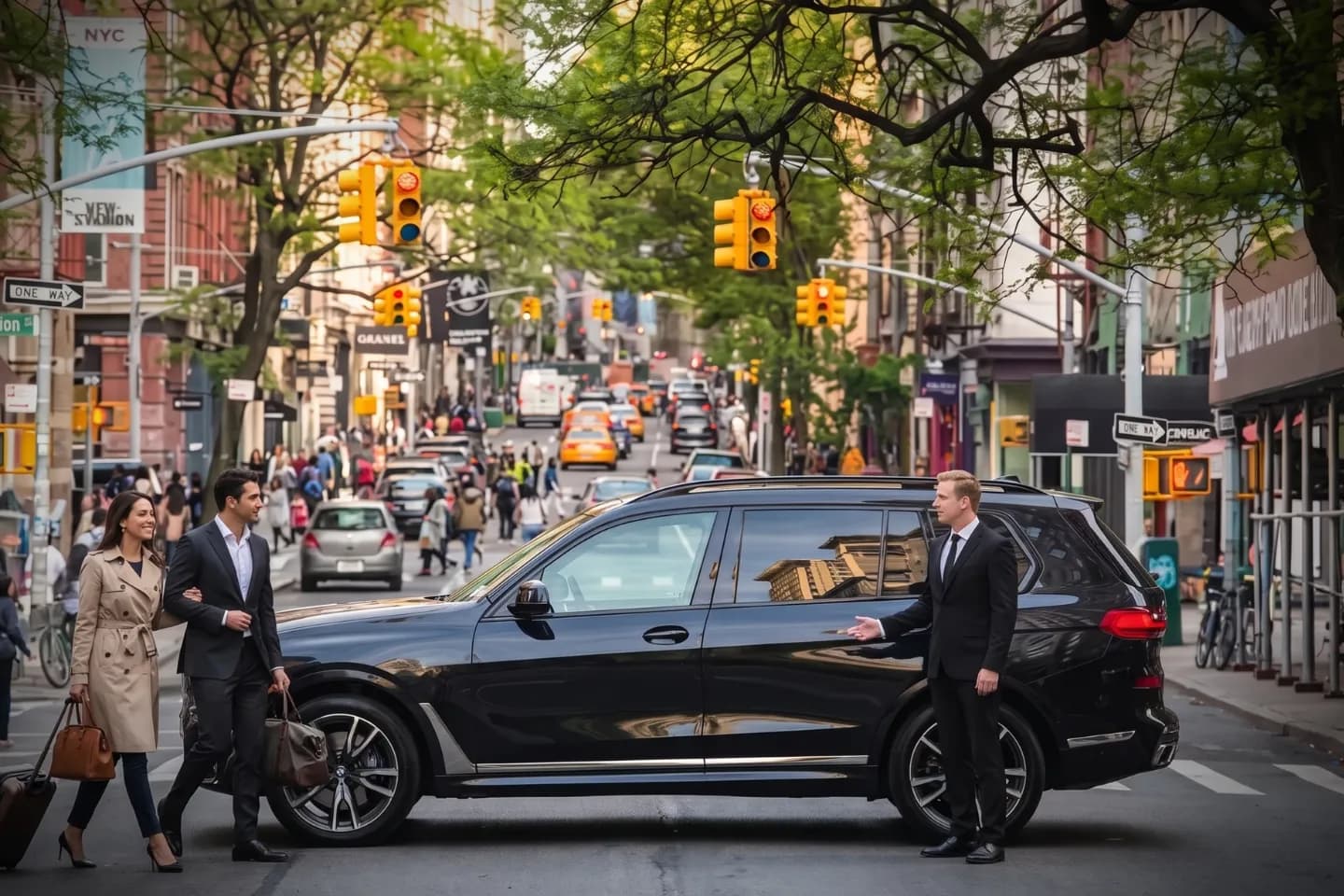 Car Service in SoHo, Manhattan, NY Chauffeur opening the door of a town car outside a SoHo boutique