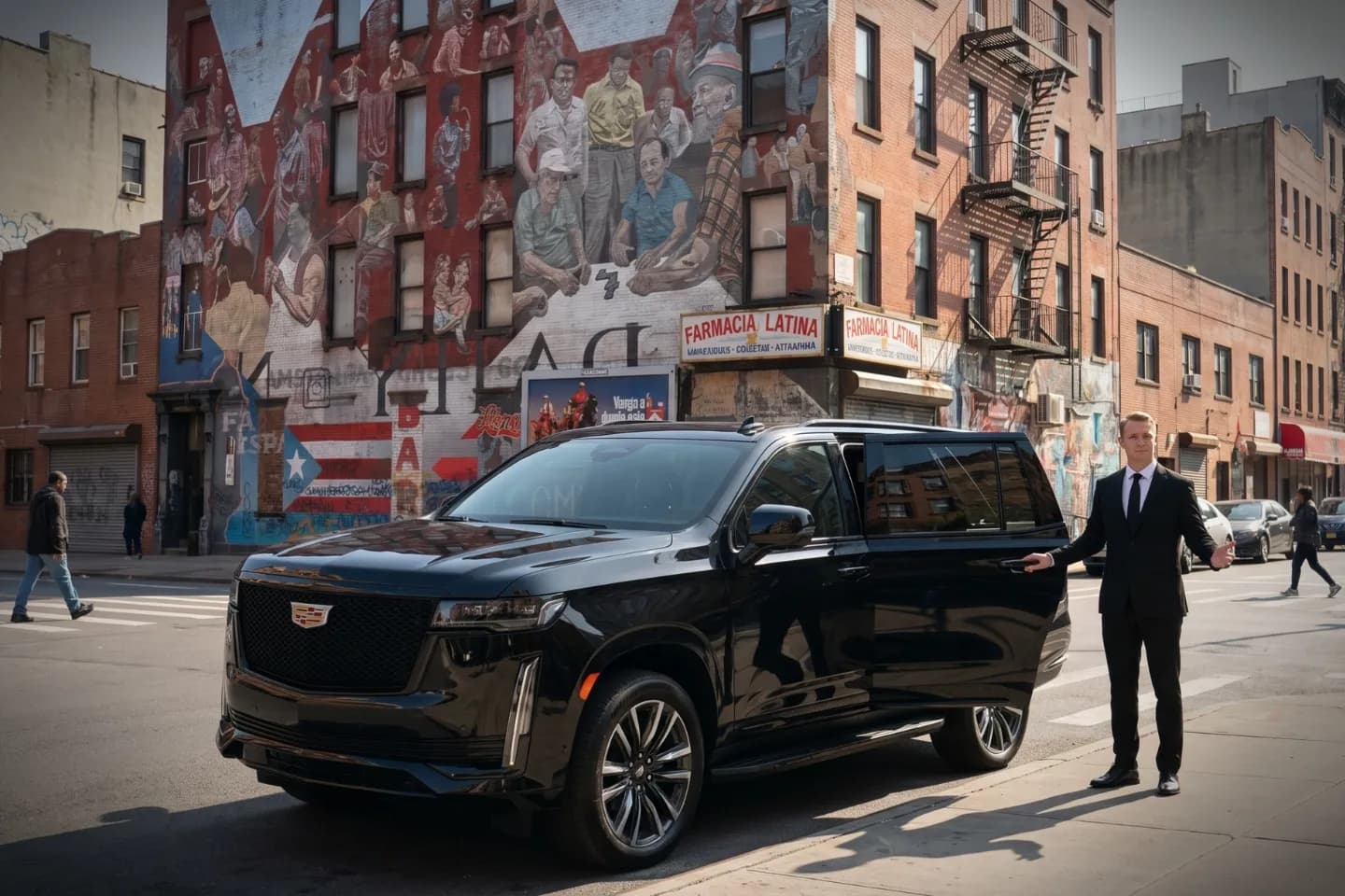 Car Service near Spanish Harlem (El Barrio), NY Black sedan waiting on a lively Spanish Harlem street in East Manhattan