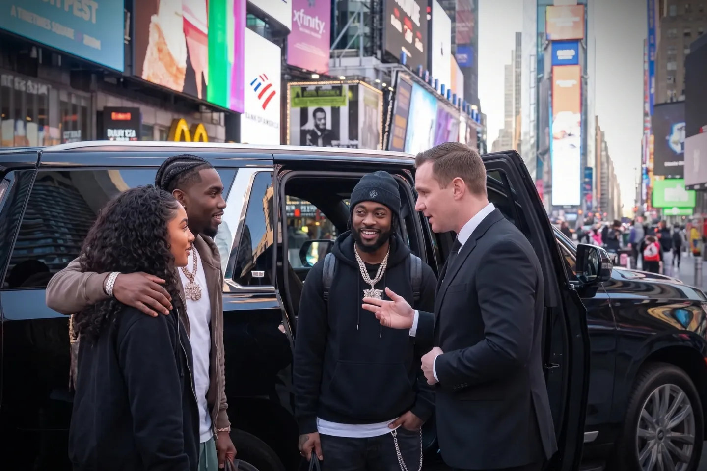 Car Service in Times Square, Manhattan, NY Luxury SUV navigating the busy streets and neon lights of Times Square