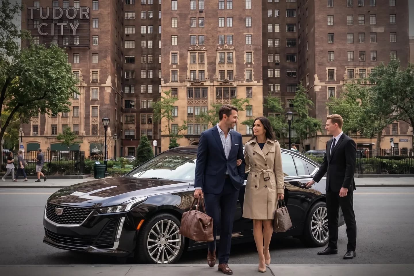 Car Service in Tudor City, Manhattan, NY Chauffeur opening a town car door on a peaceful Tudor City street