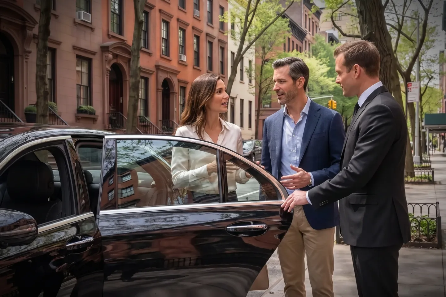 Car Service in Turtle Bay, Manhattan, NY Private town car waiting outside brownstones on a leafy Turtle Bay block