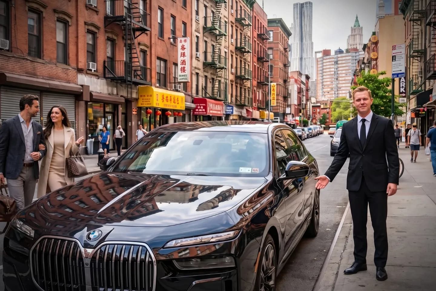 Car Service in Two Bridges, Manhattan, NY Chauffeur assisting a passenger into a town car near the Two Bridges waterfront