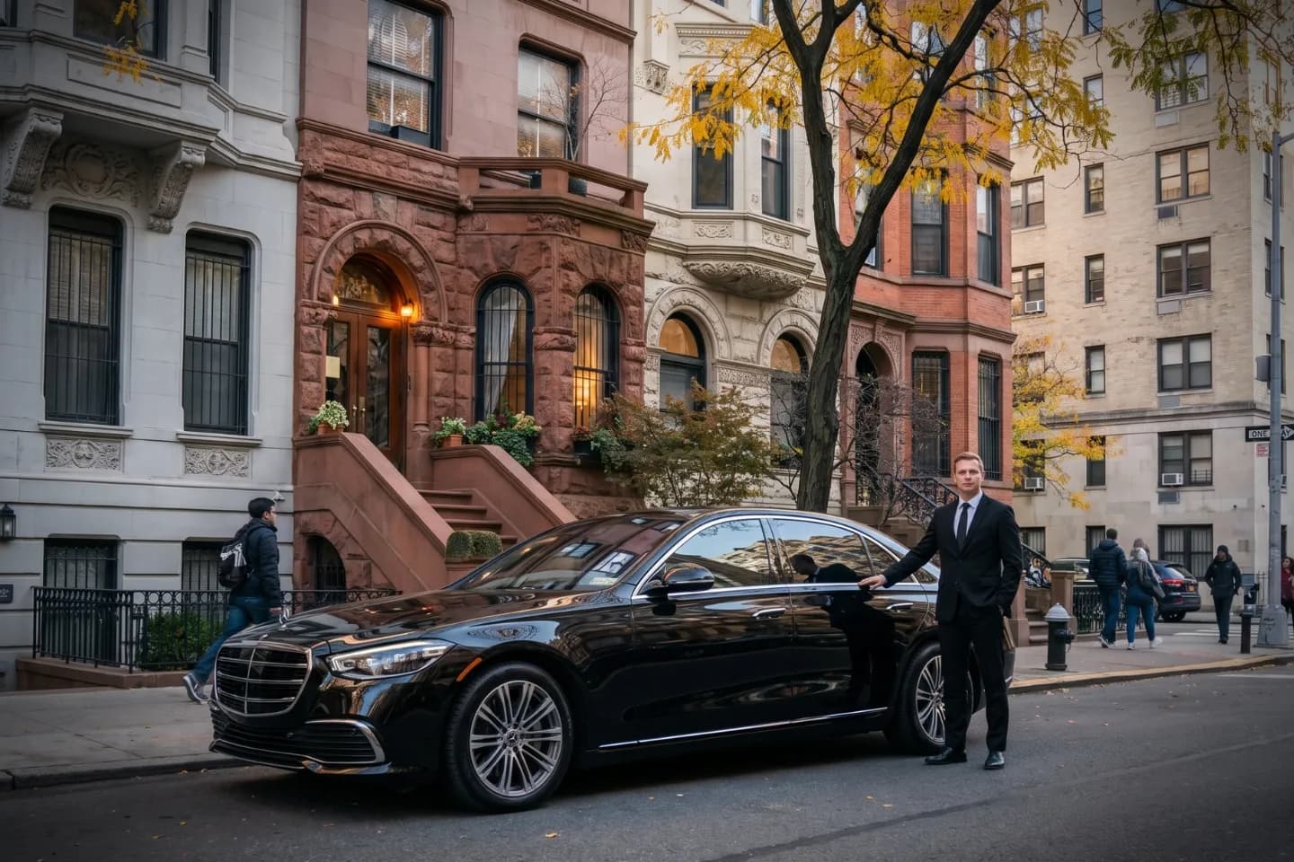 Car Service in Upper East Side, Manhattan, NY Black luxury sedan parked outside an elegant Upper East Side apartment building