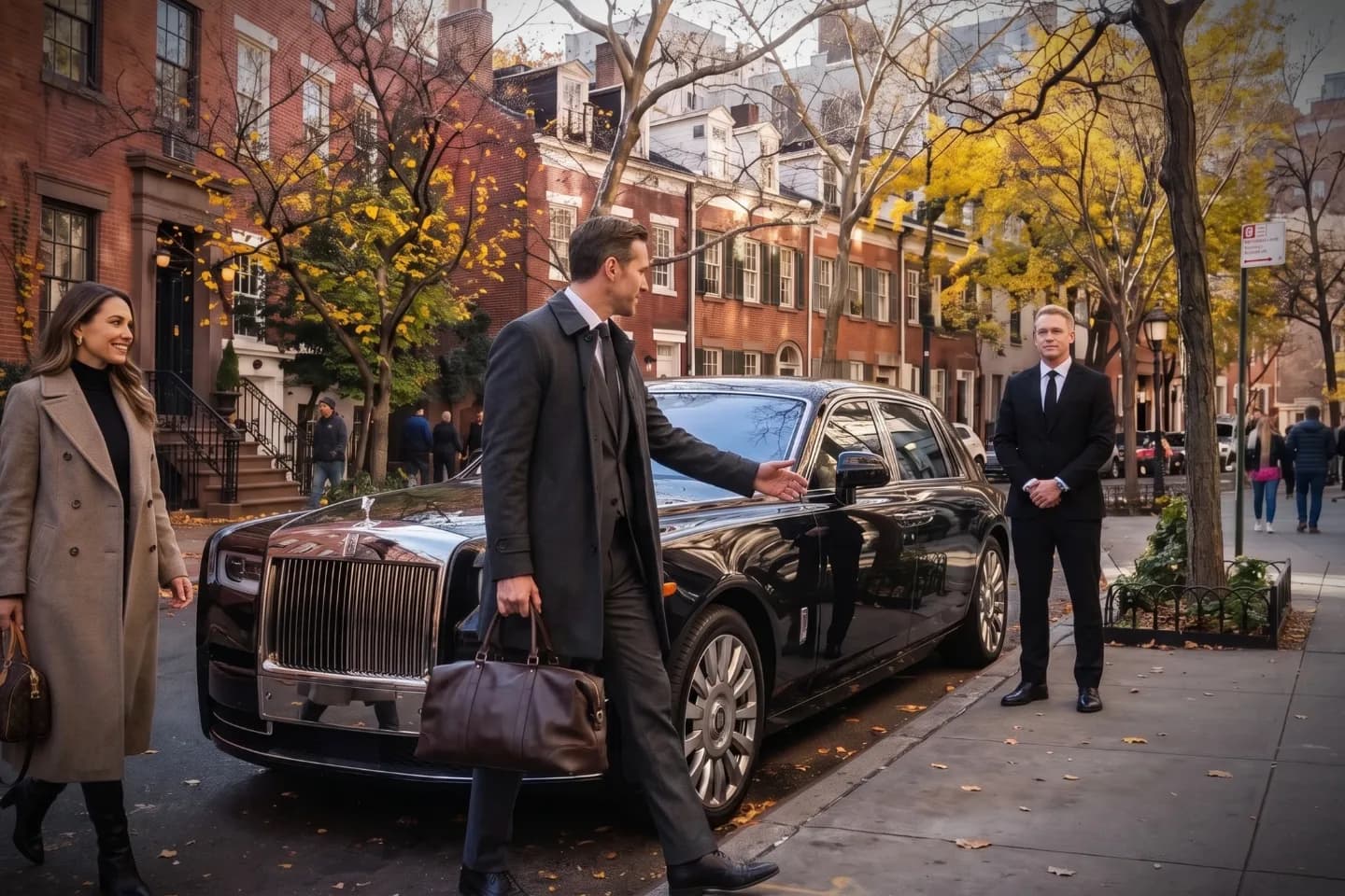 Car Service in West Village, Manhattan, NY Chauffeur opening a town car door outside a West Village townhouse