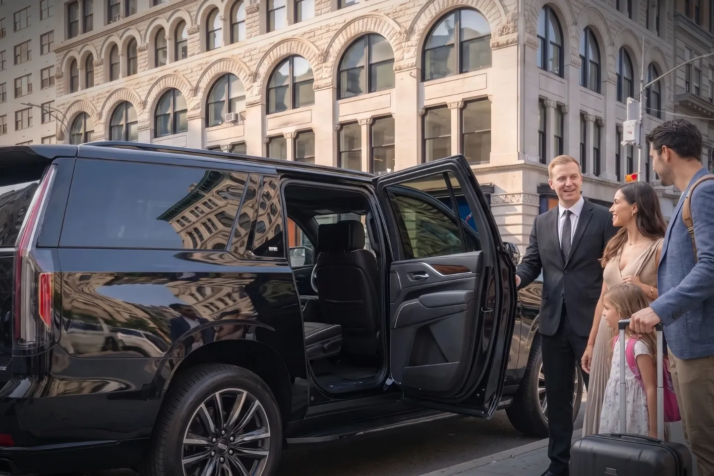 Car Service in Union Square, Manhattan, NY Chauffeur opening a town car door near Union Square Park in downtown NY