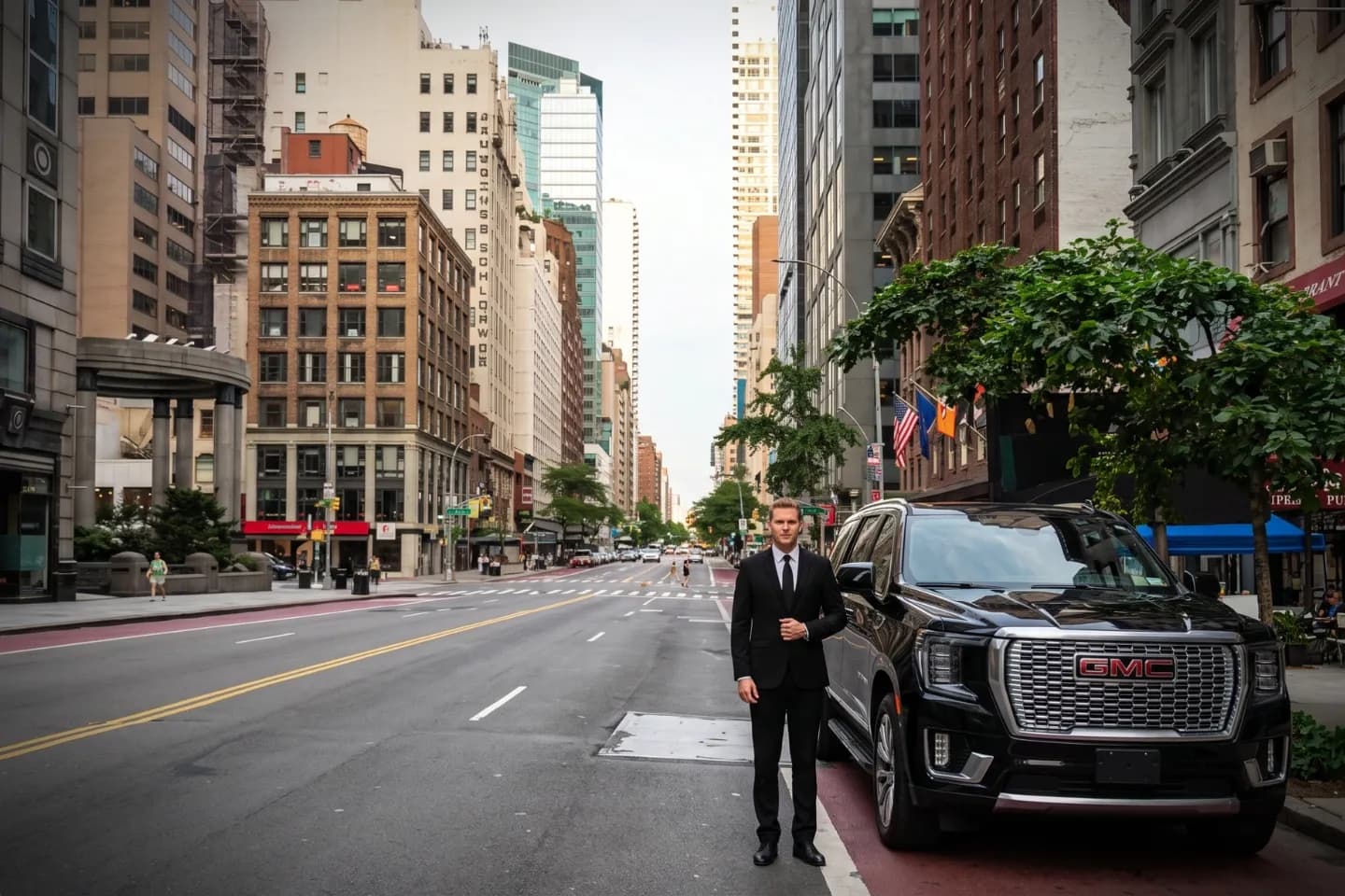Car Service in Downtown, Manhattan, NY Black sedan waiting among the towering skyscrapers of Downtown Manhattan