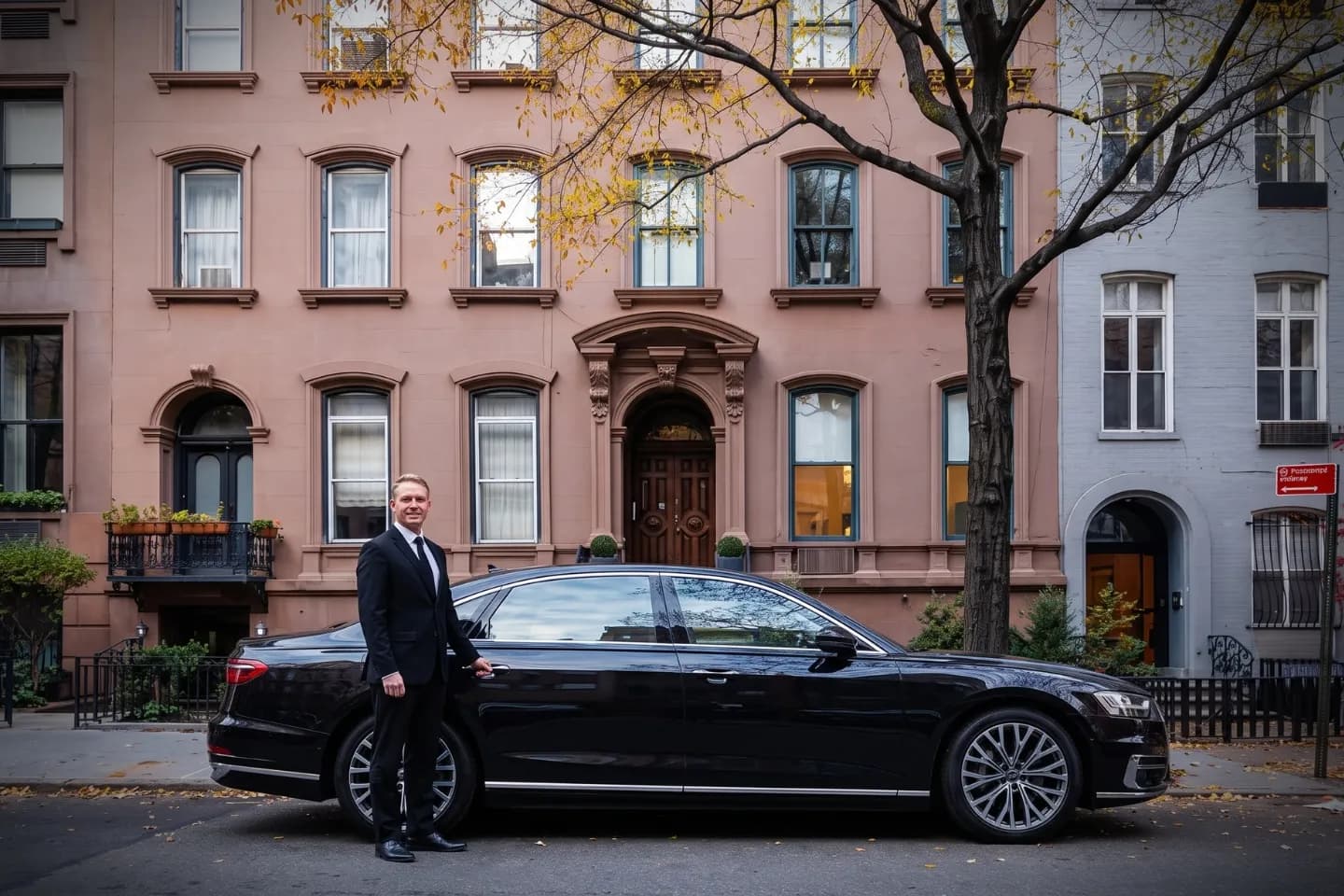 Car Service in Murray Hill, Manhattan, NY Black town car parked outside a Murray Hill Manhattan brownstone