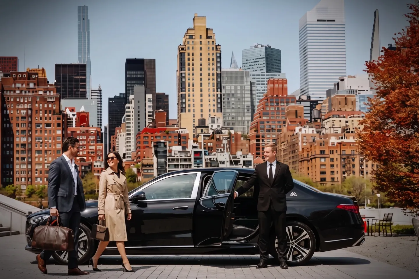 Car Service in Roosevelt Island, Manhattan, NY Chauffeur opening a car door on a waterfront Roosevelt Island street