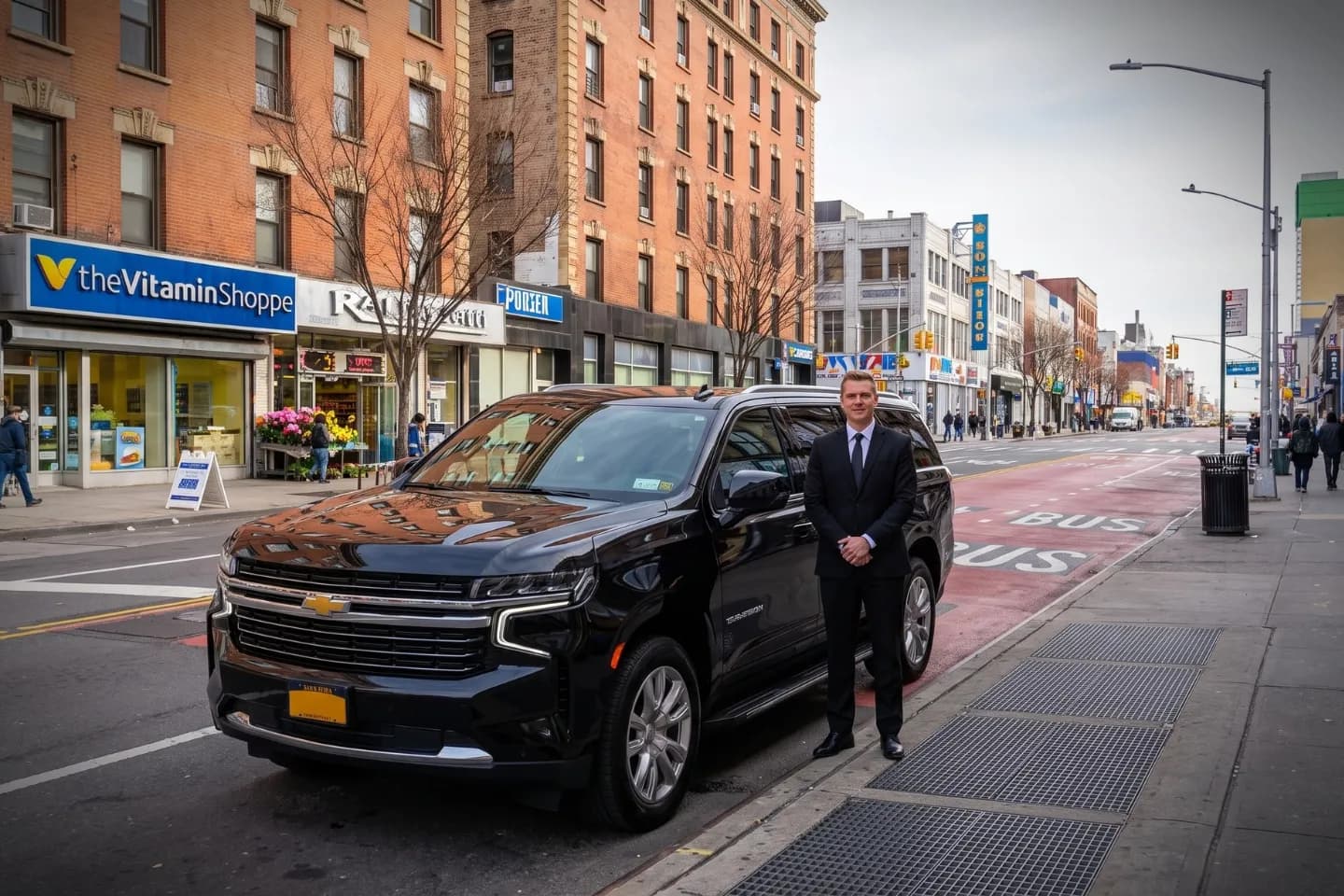 Car Service near Garment District, NY Suited chauffeur opening an executive black sedan door near Garment District, NY