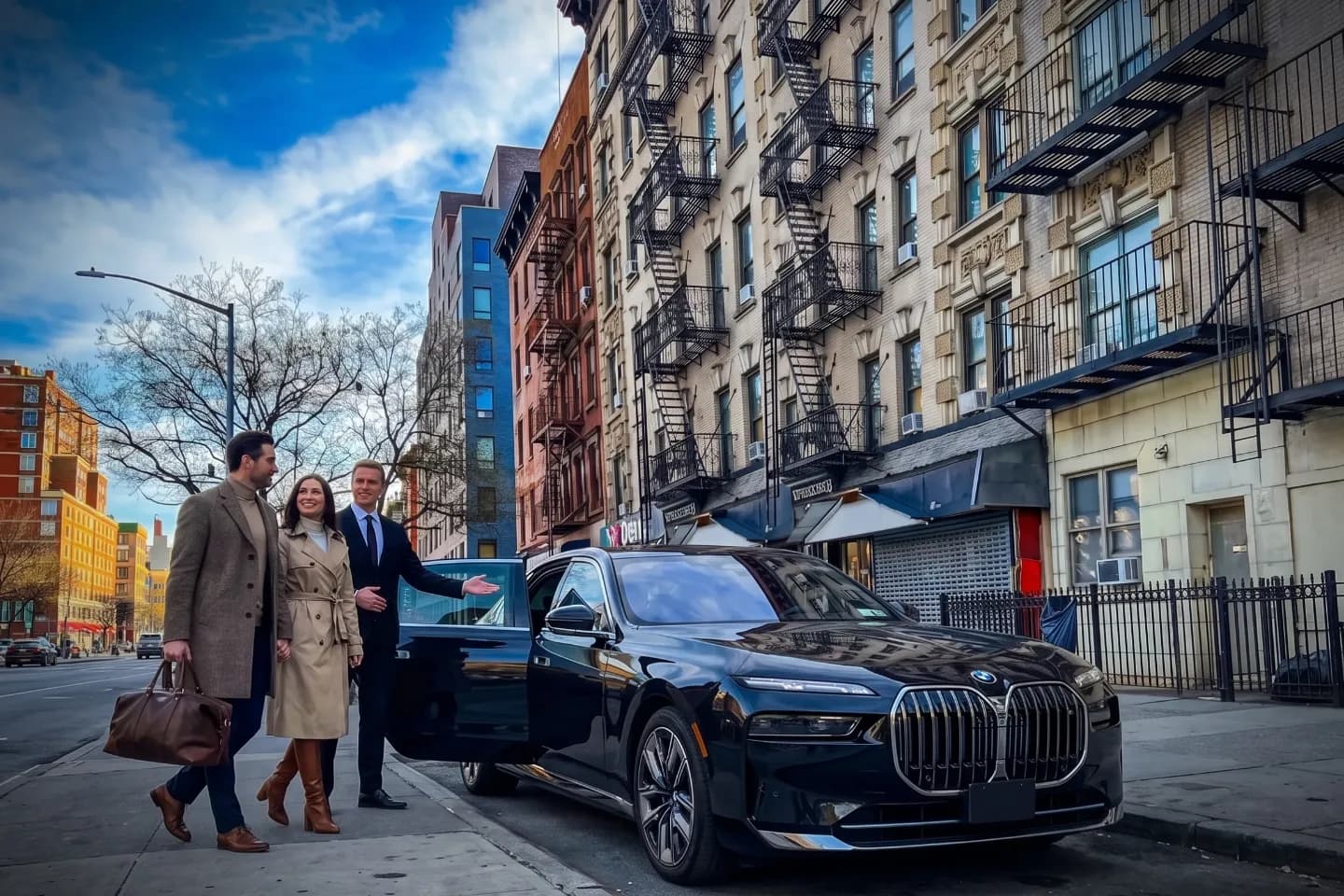 Car Service near Harlem, NY Luxury SUV waiting along a vibrant avenue in Harlem, NY