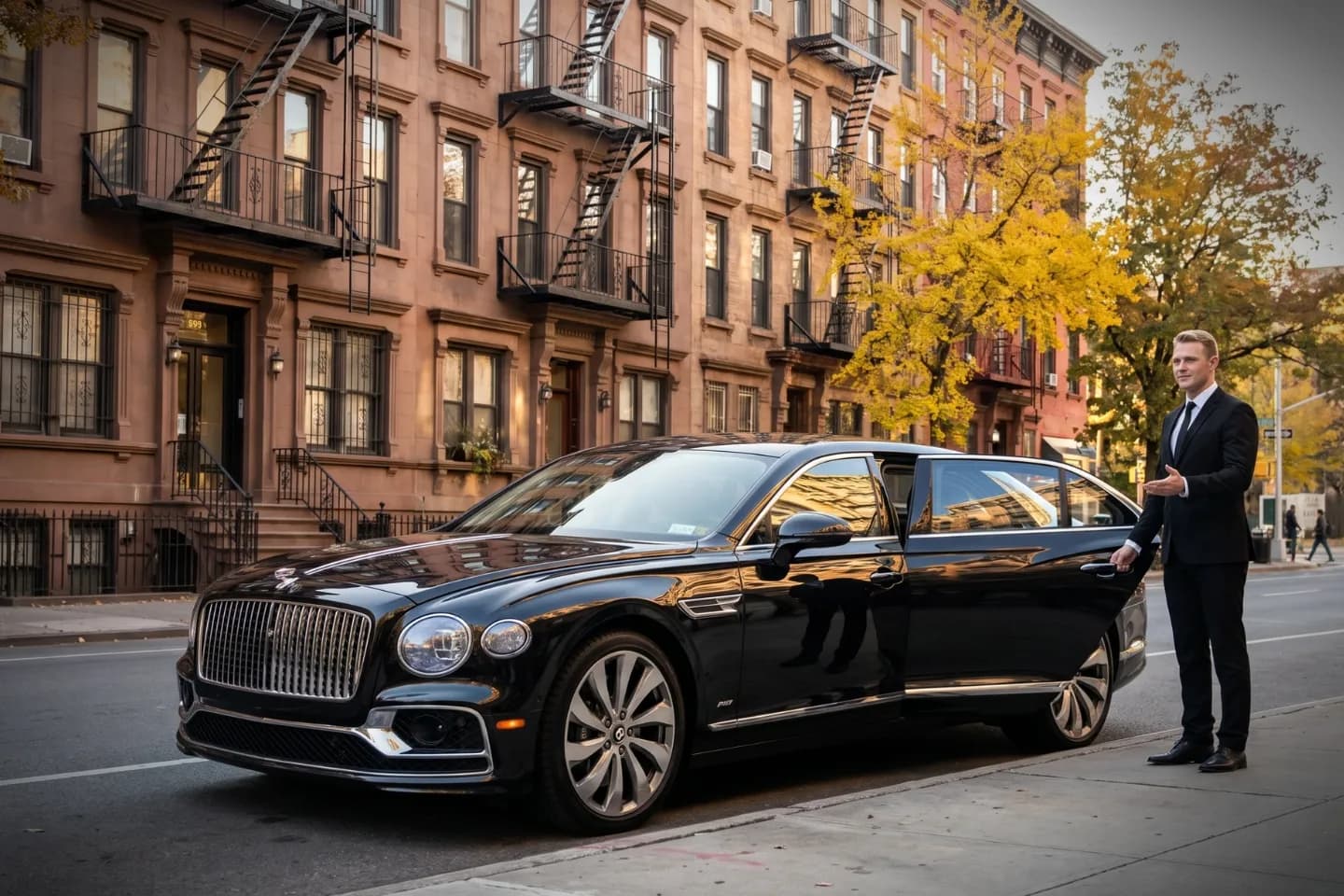 Car Service near Inwood, NY Suited chauffeur opening an executive black sedan door near Inwood, NY