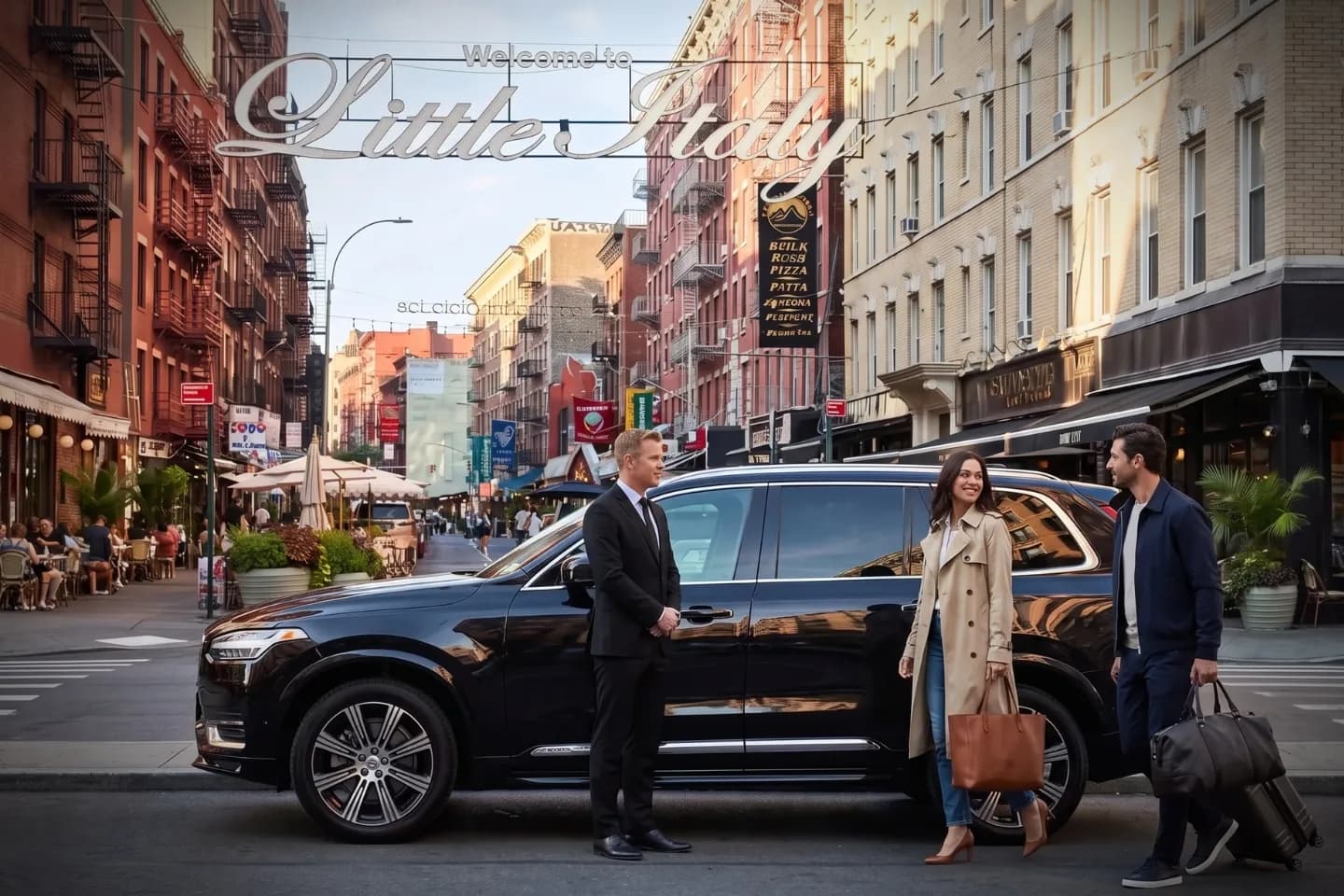 Car Service near Little Italy/NoLIta, NY Luxury SUV waiting along a vibrant street in Little Italy/NoLIta, NY