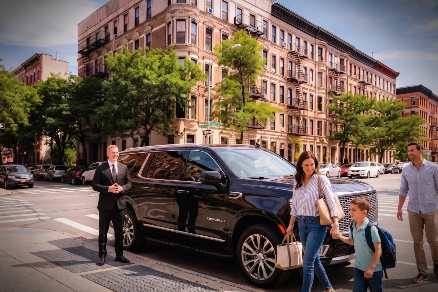 Car Service near Manhattan Valley, NY Luxury SUV waiting along a quiet tree-lined street in Manhattan Valley, NY