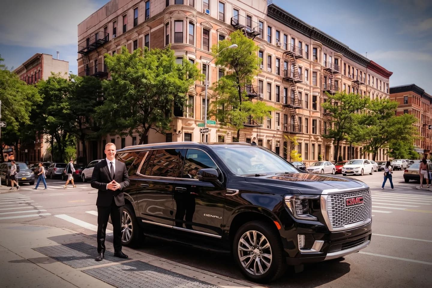 Car Service near Manhattan Valley, NY Suited chauffeur opening an executive black sedan door near Manhattan Valley, NY