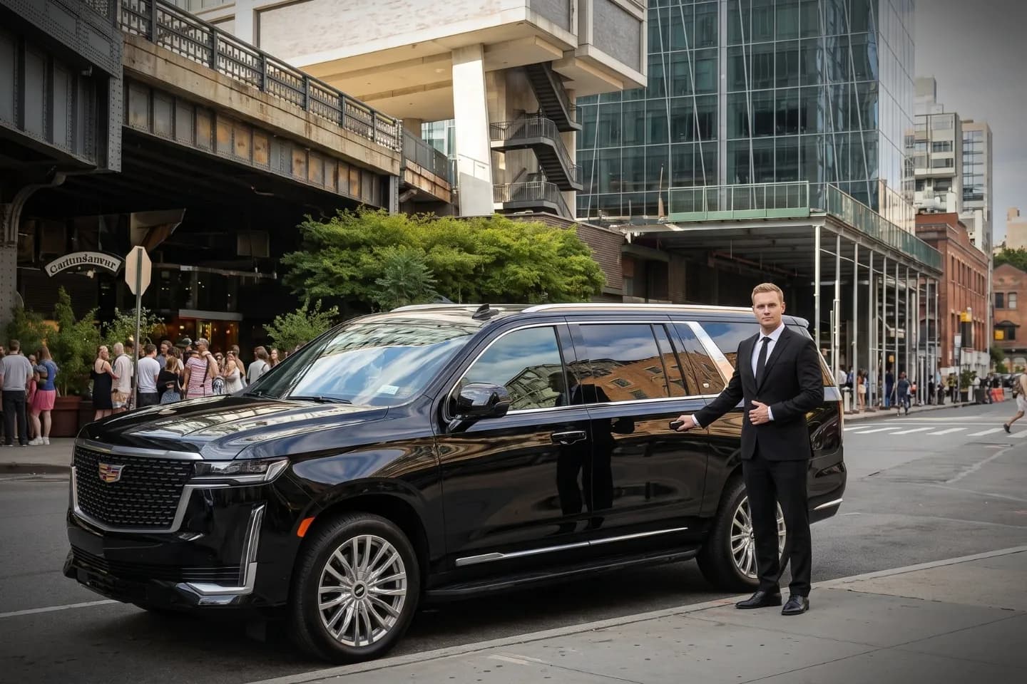 Car Service near Meatpacking District, NY Suited chauffeur opening an executive black sedan door near Meatpacking District, NY