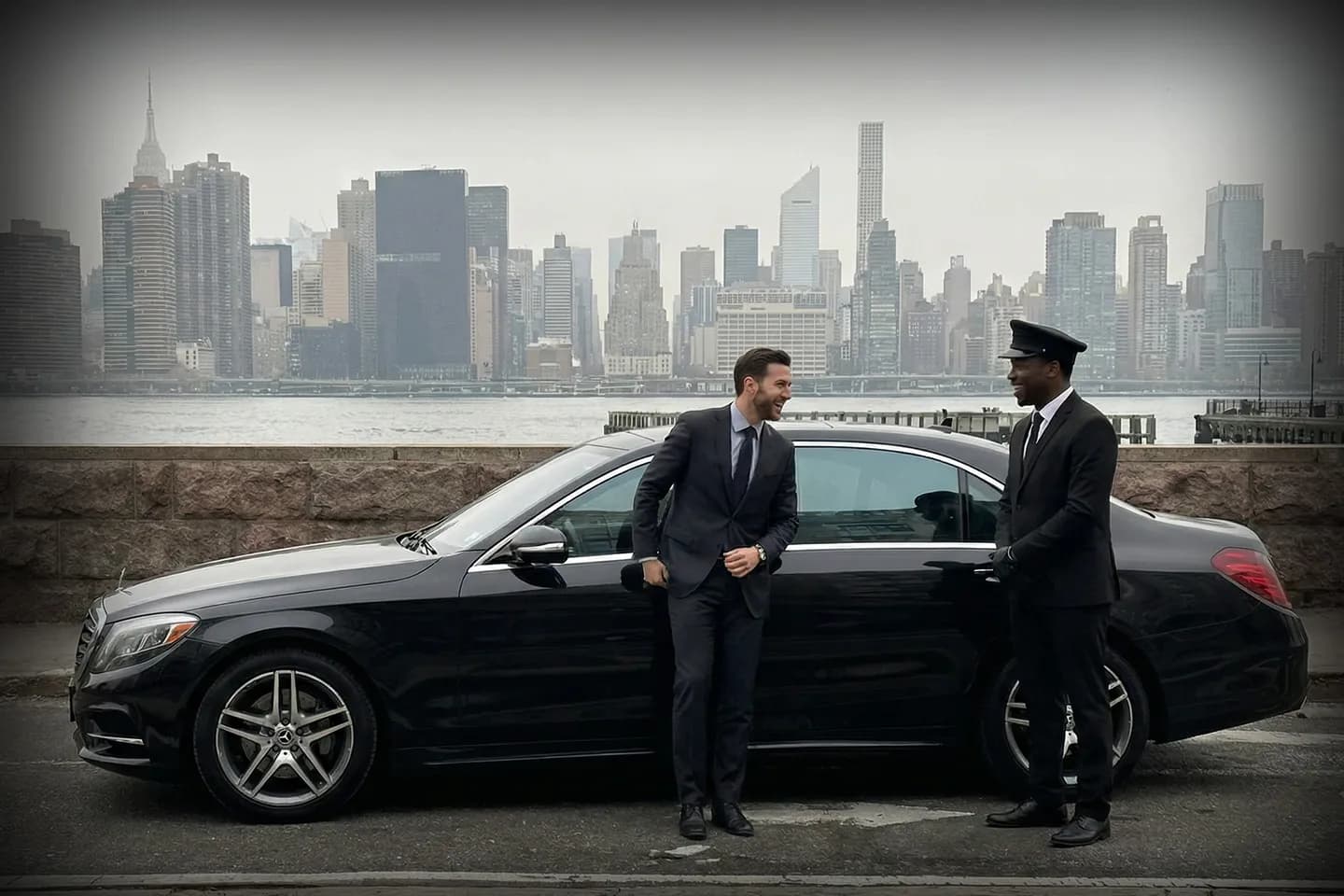 Executive sedan in front of Manhattan skyline for New York City car service