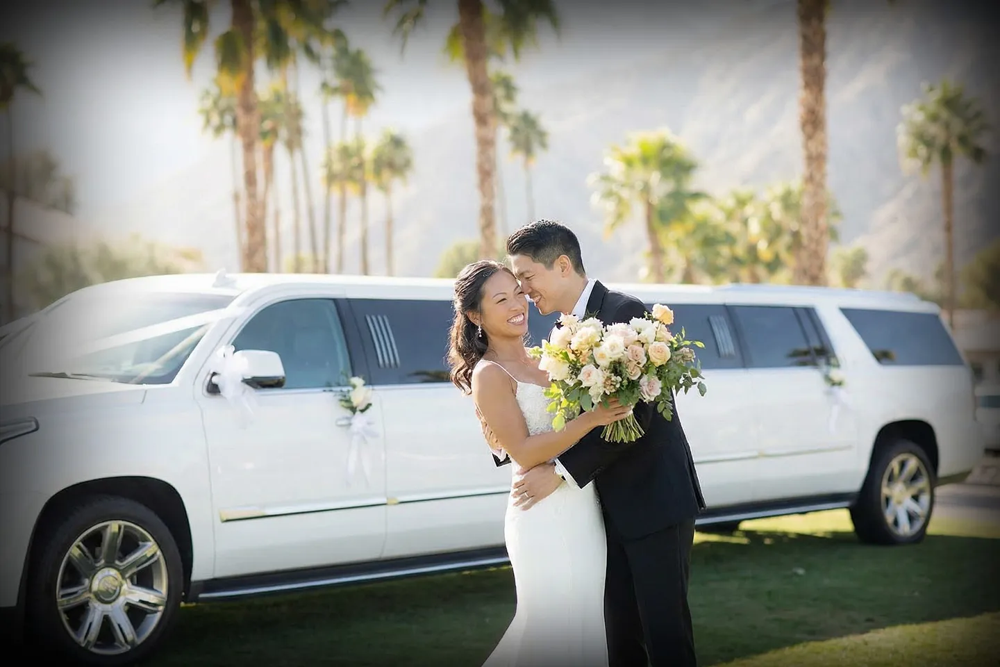 Bridal party arriving in a luxury wedding limo in New York