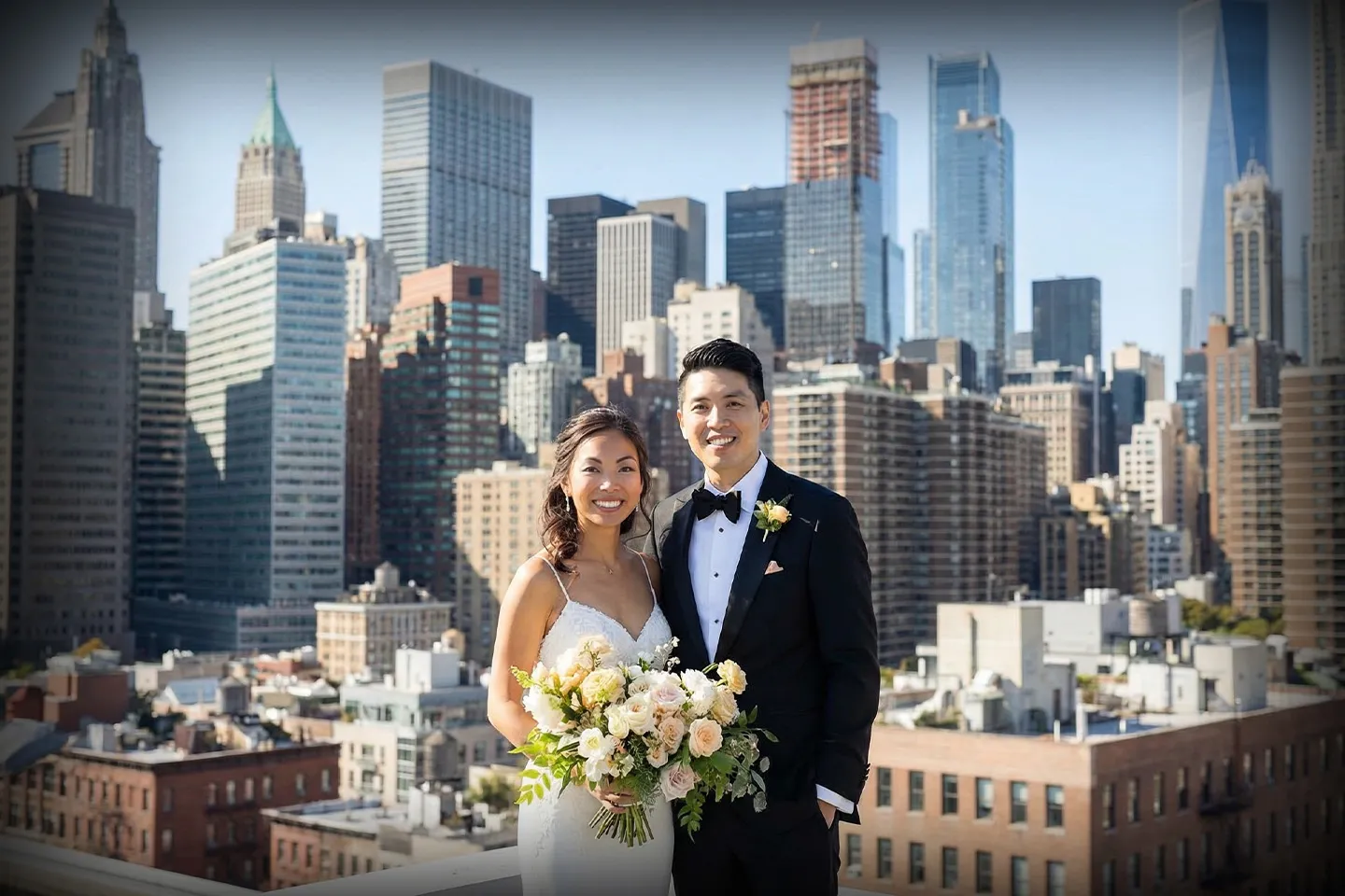 Stylish wedding limousine parked outside a New York wedding venue