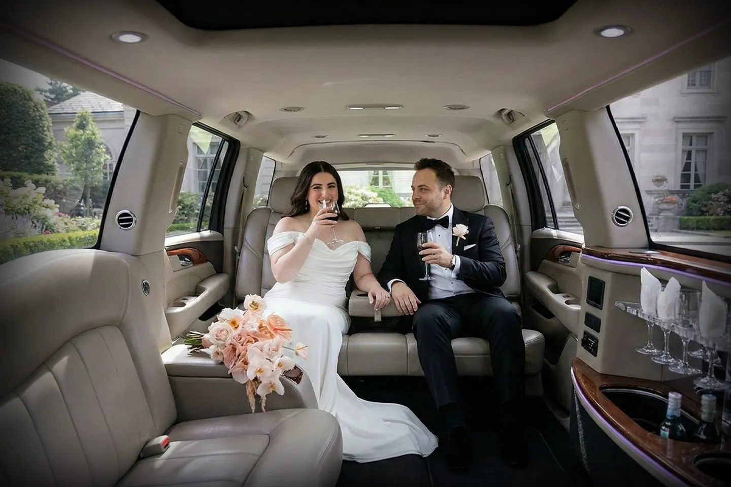 Elegant New York City wedding limo ready for bride and groom transportation