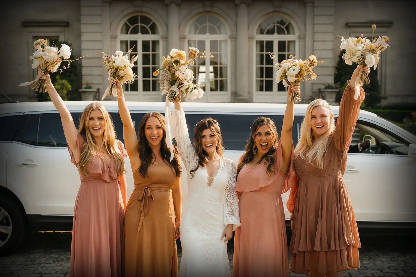 Elegant Bronx wedding limo ready for bride and groom transportation