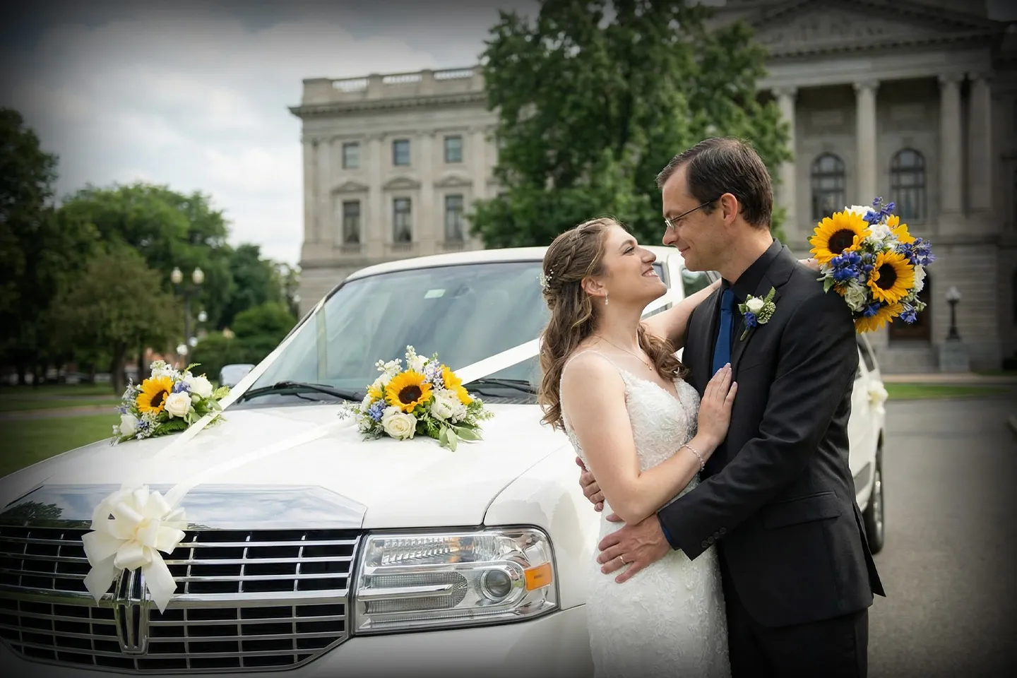 Elegant Long Island wedding limo ready for bride and groom transportation