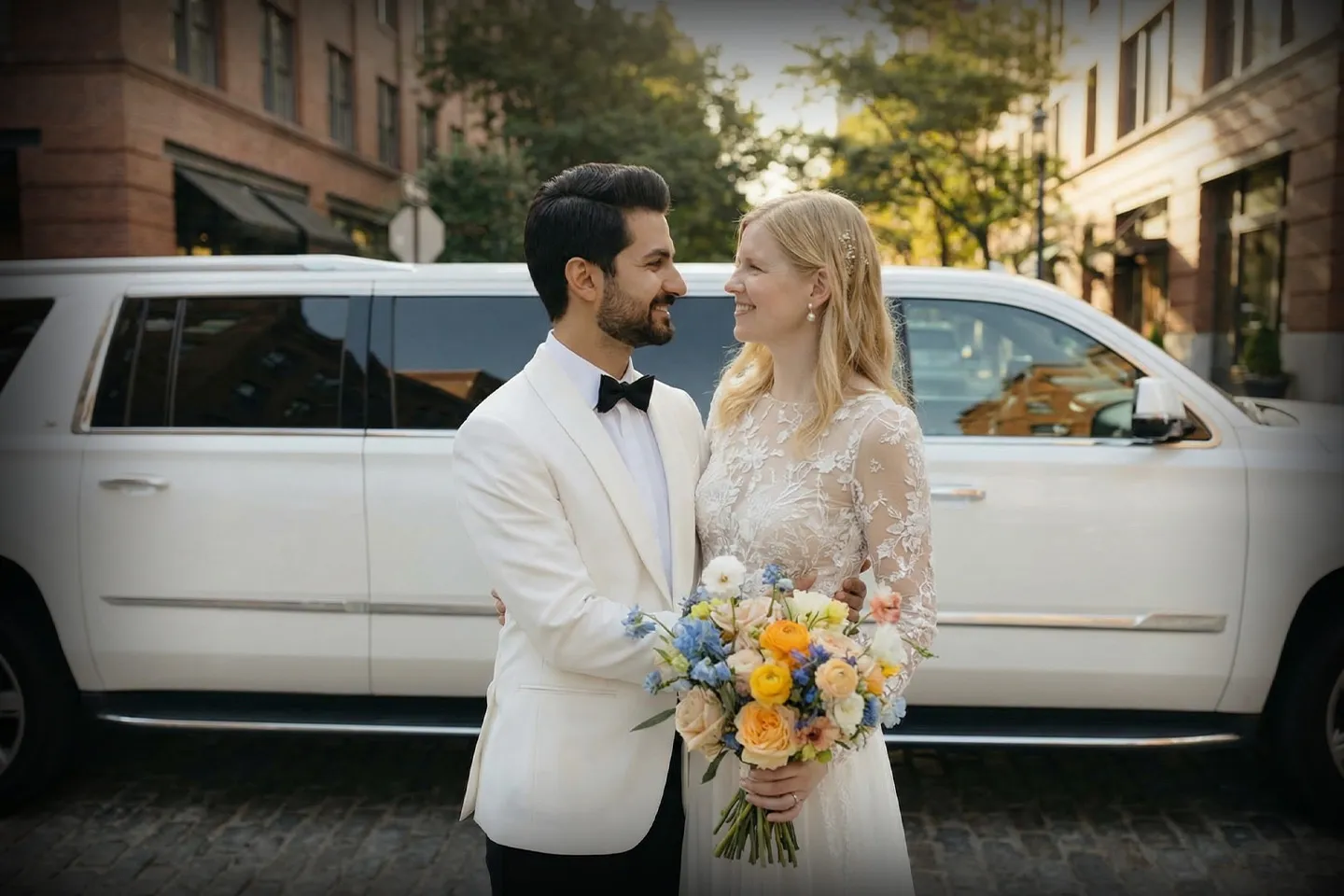 Elegant Manhattan wedding limo ready for bride and groom transportation