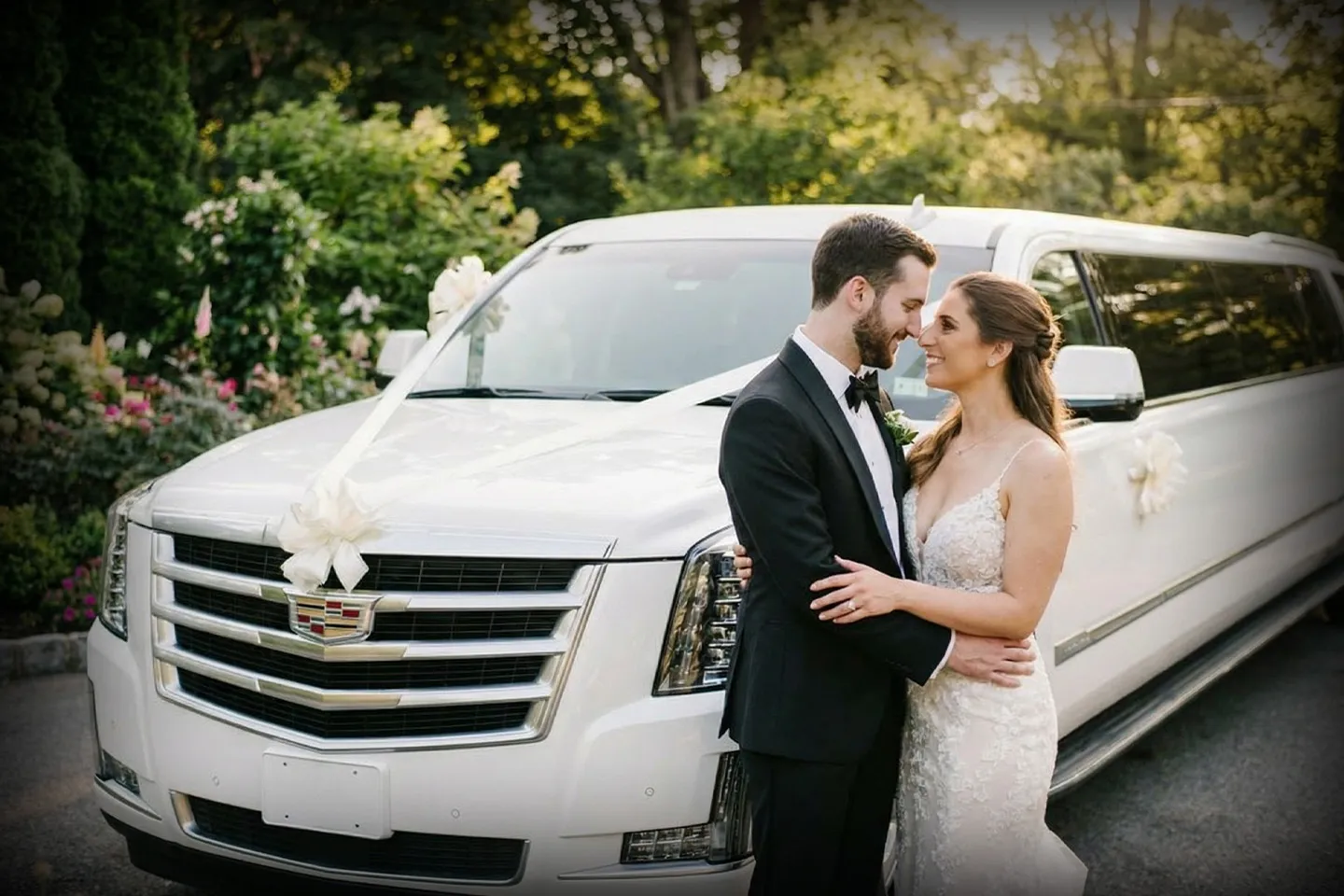 Elegant Rockland wedding limo ready for bride and groom transportation